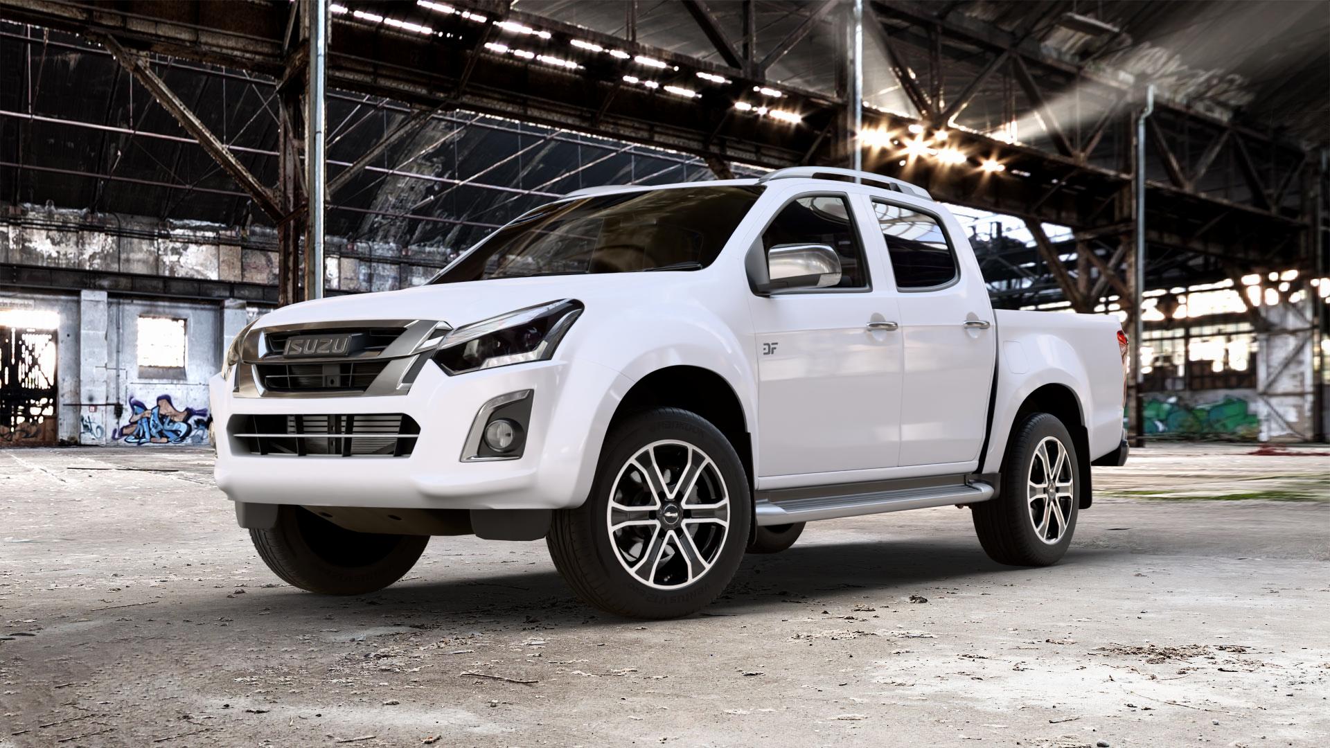 RC Design RC31 schwarz front-poliert Felge mit Reifen silber mehrfarbig in 18Zoll Alufelge auf weissem Isuzu D-Max II Typ ATFS 2,5l D 120kW 4WD (163 PS) ATFR Facelift 1,9l ⬇️ mit 15mm Tieferlegung ⬇️ Old Industrial Hall_max_5300mm_2024 Frontansicht_1