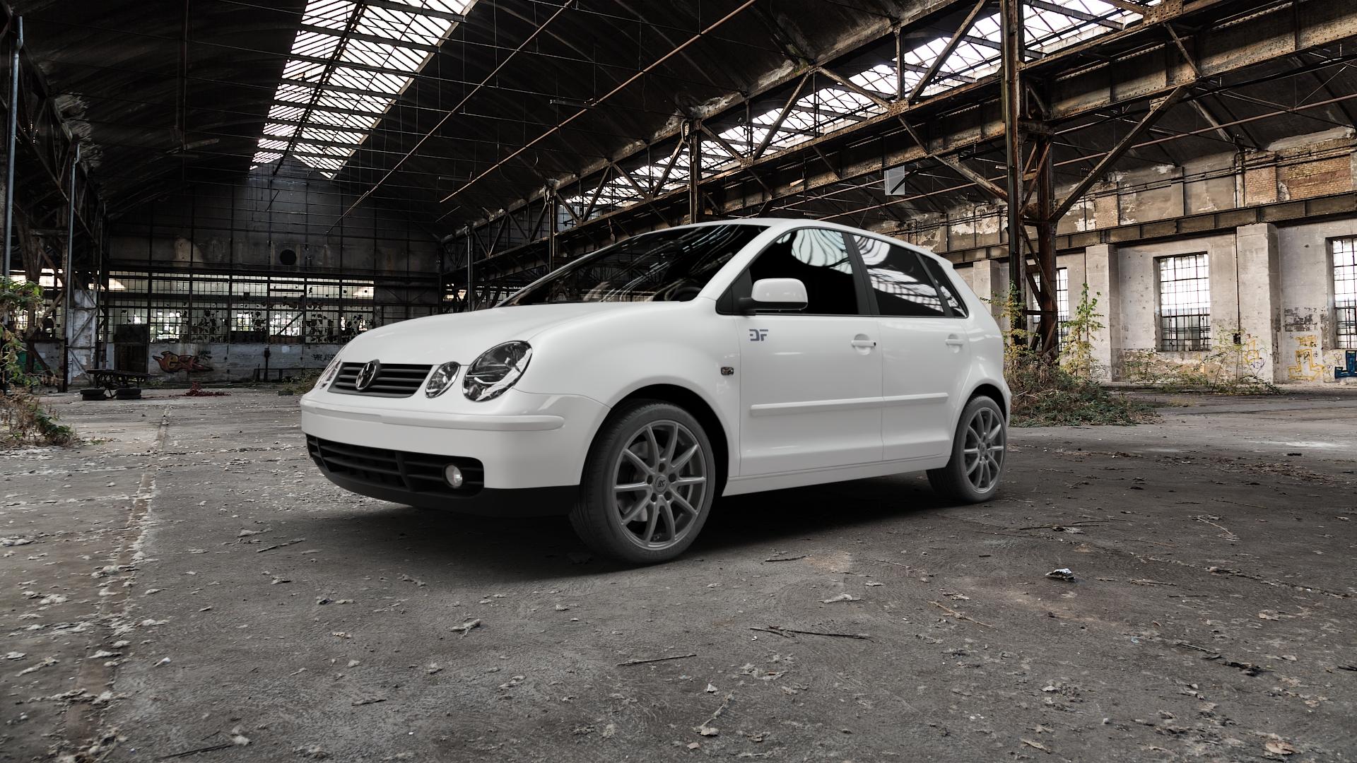 RC Design RC32 ferric-grey matt-lackiert Felge mit Reifen grau in 16Zoll Winterfelge Alufelge auf weissem Volkswagen (VW) Polo IV Typ 9N/9N3 Cross 9N Stufenheck Fun ⬇️ mit 15mm Tieferlegung ⬇️ Old Industrial Hall_max5000mm_2022 Frontansicht_1
