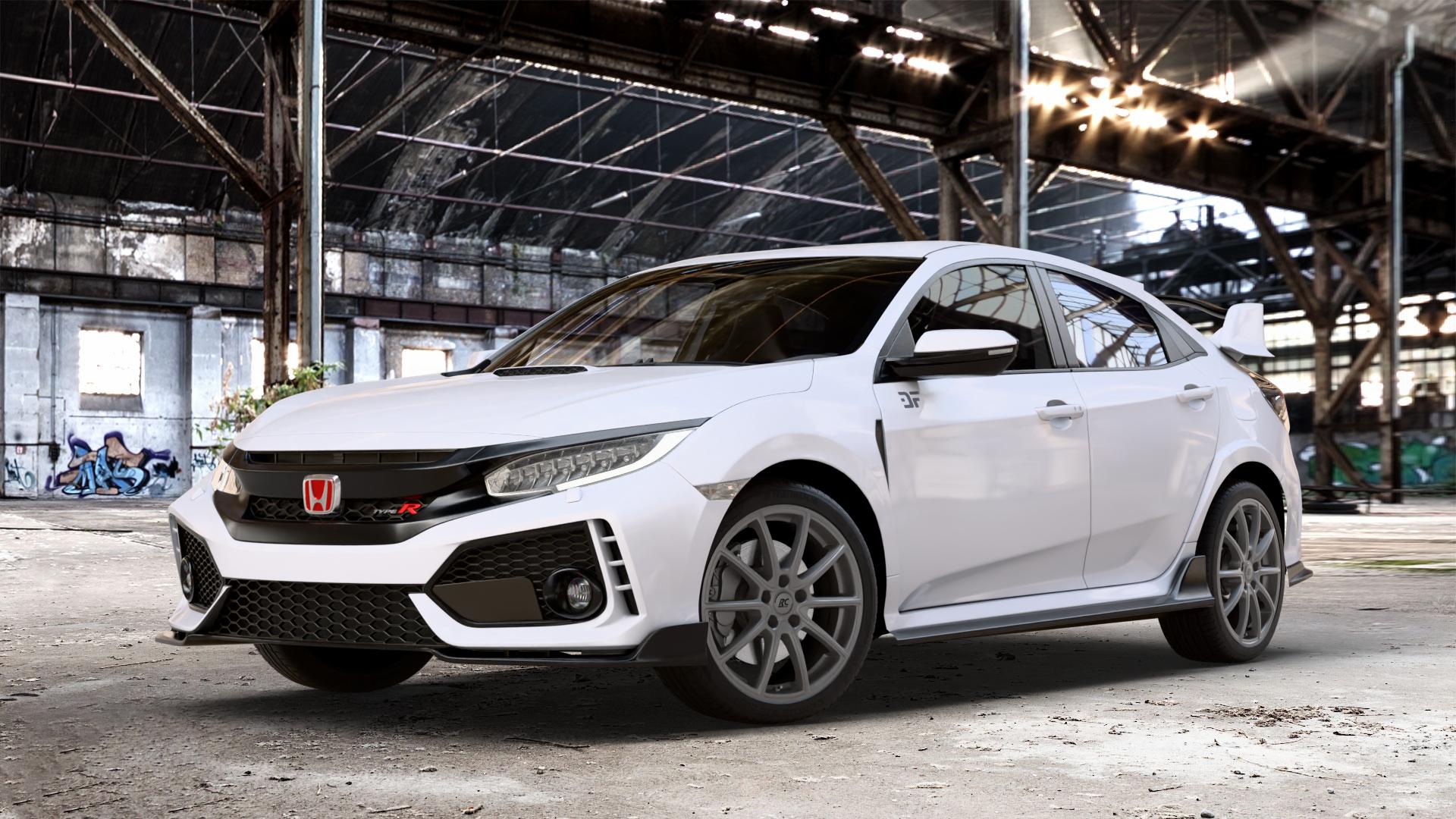 RC Design RC32 ferric-grey matt-lackiert Felge mit Reifen grau in 18Zoll Winterfelge Alufelge auf weissem Honda Civic 10 Schrägheck (FC) 2,0l Type-R 235kW (320 PS) ⬇️ mit 15mm Tieferlegung ⬇️ Old Industrial Hall_max_4400mm_2024 Frontansicht_1