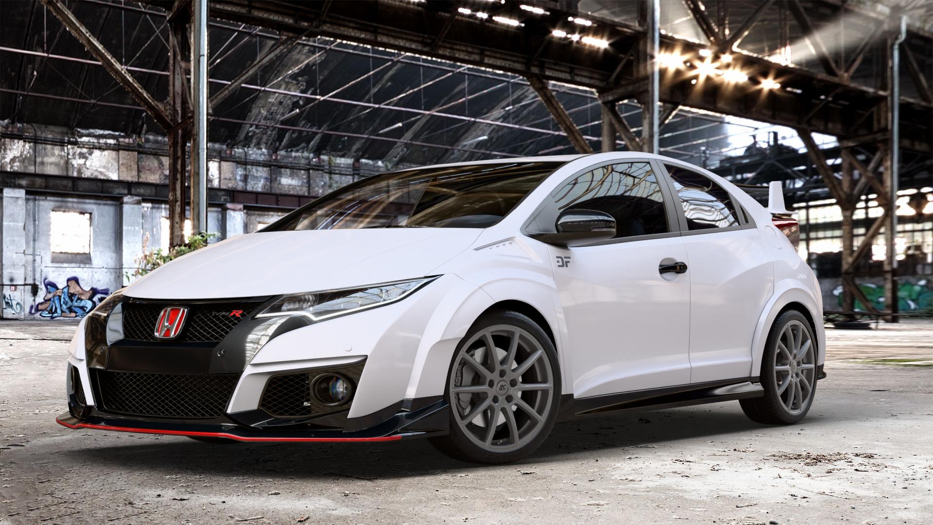 RC Design RC32 ferric-grey matt-lackiert Felge mit Reifen grau in 18Zoll Winterfelge Alufelge auf weissem Honda Civic 9 Fließheck (FK) 2,0l Type-R (FK2) 228kW (310 PS) ⬇️ mit 15mm Tieferlegung ⬇️ Old Industrial Hall_max_4400mm_2024 Frontansicht_1