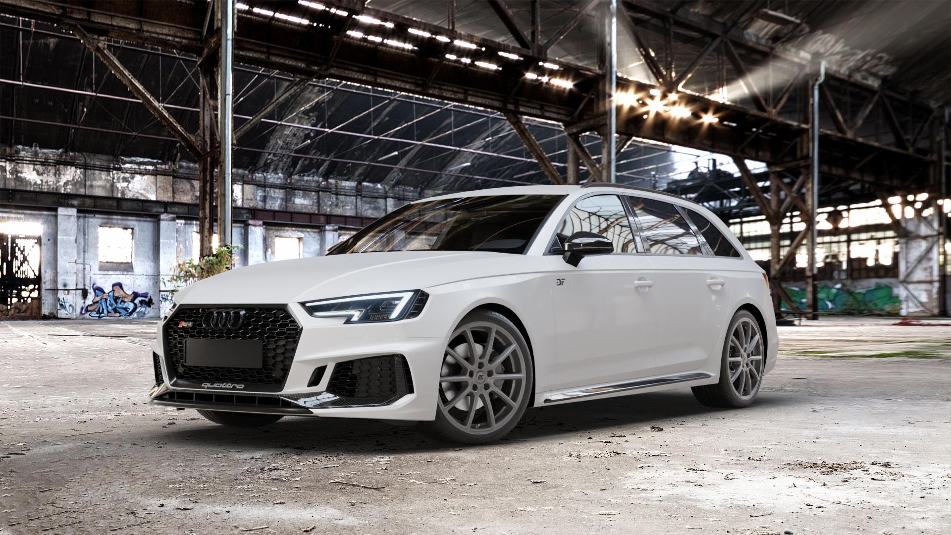 RC Design RC32 ferric-grey matt-lackiert Felge mit Reifen grau in 19Zoll Winterfelge Alufelge auf weissem Audi A4 Typ B9 (Avant) 2,9l RS4 TFSI quattro 331kW (450 PS) ⬇️ mit 15mm Tieferlegung ⬇️ Old Industrial Hall_max_5300mm_2024 Frontansicht_1
