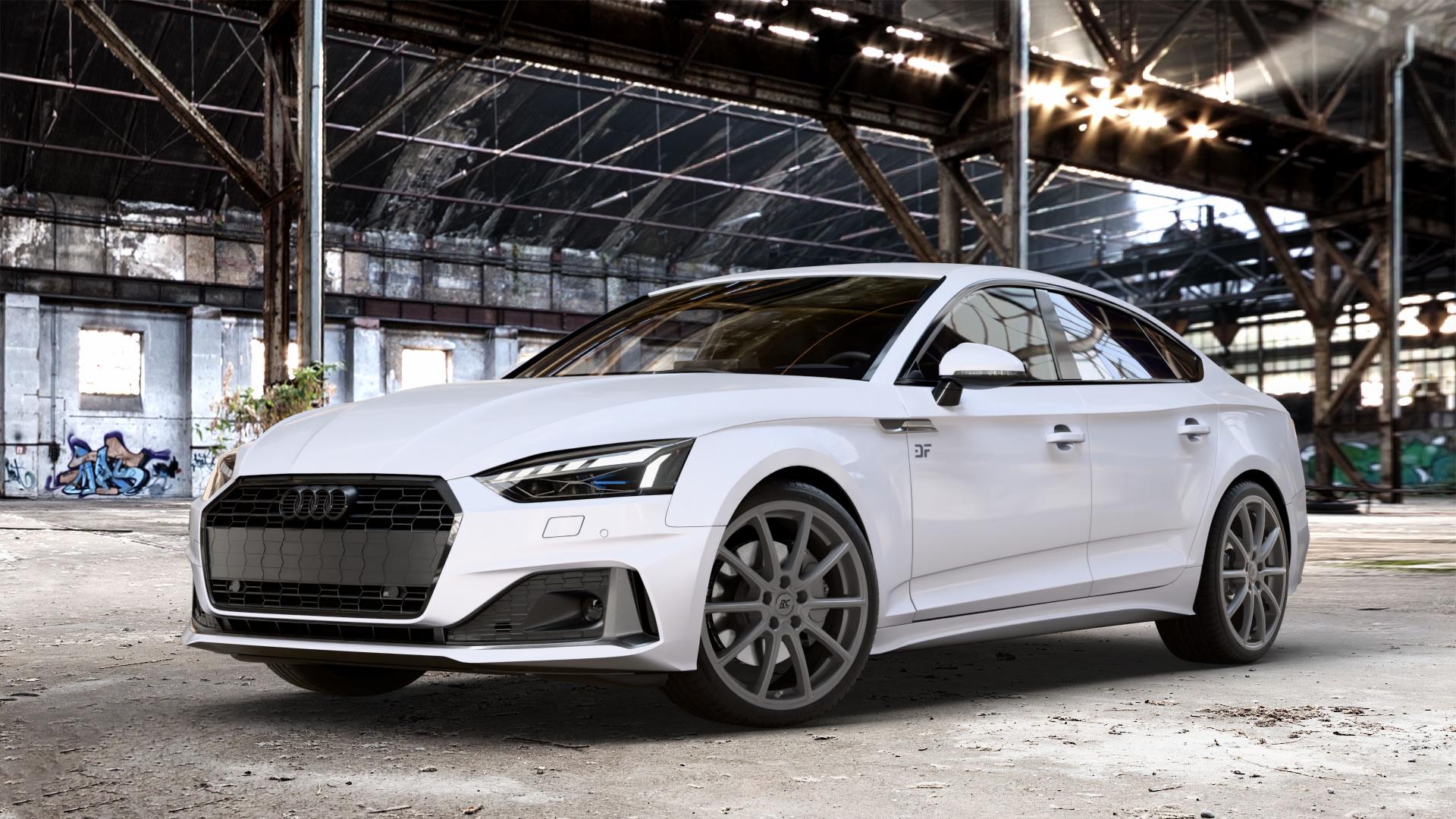 RC Design RC32 ferric-grey matt-lackiert Felge mit Reifen grau in 19Zoll Winterfelge Alufelge auf weissem Audi A5 Typ B9 (Sportback) Facelift ⬇️ mit 15mm Tieferlegung ⬇️ Old Industrial Hall_max_4400mm_2024 Frontansicht_1