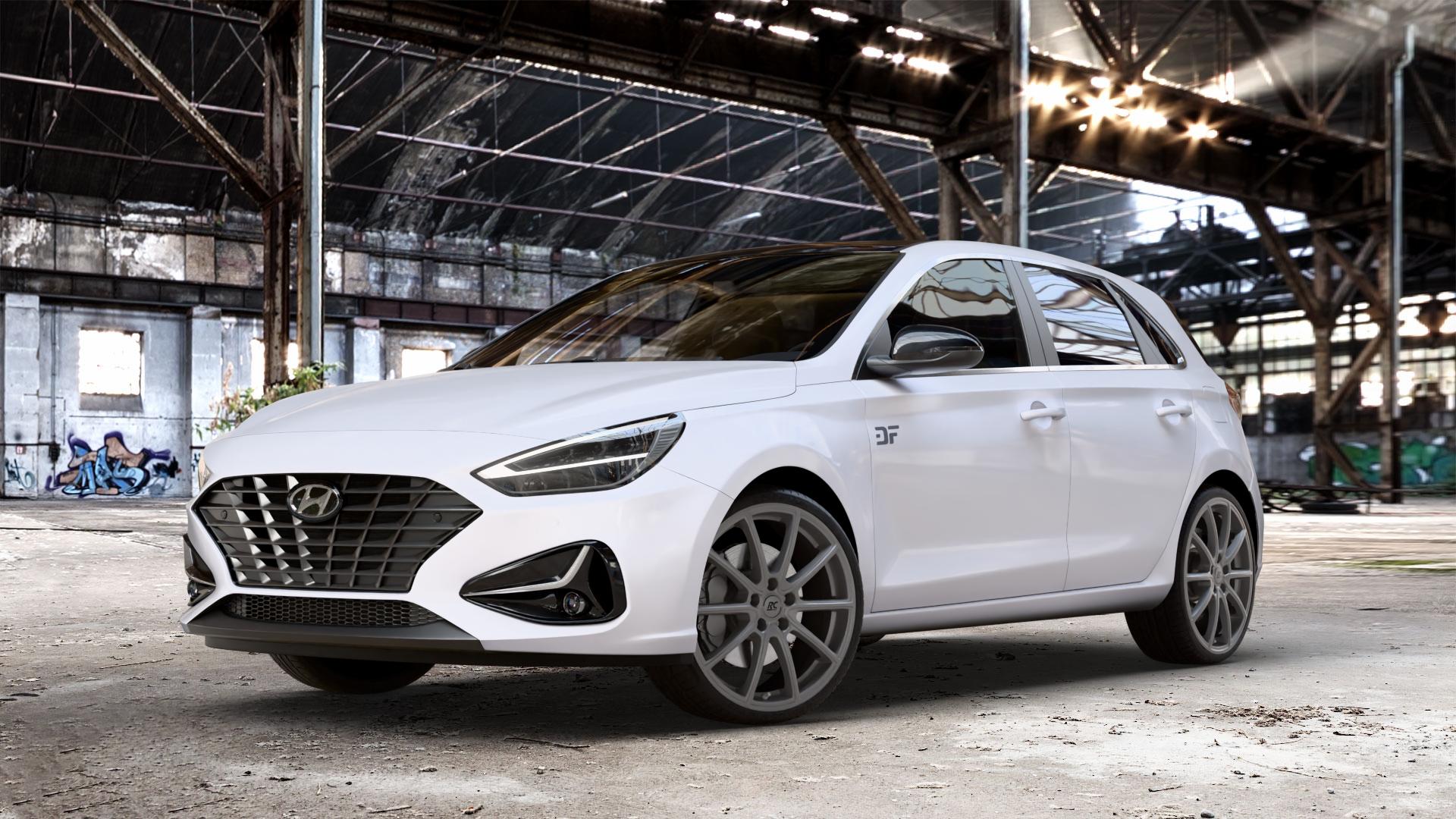 RC Design RC32 ferric-grey matt-lackiert Felge mit Reifen grau in 19Zoll Winterfelge Alufelge auf weissem Hyundai i30 Typ PDE Facelift 1,0l T-GDI 88kW Mild-Hybrid (120 PS) 1,5l 117kW (159 81kW (110 1,6l CRDi 85kW (116 100kW (136 II ⬇️ mit 15mm Tieferlegung ⬇️ Old Industrial Hall_max_4400mm_2024 Frontansicht_1