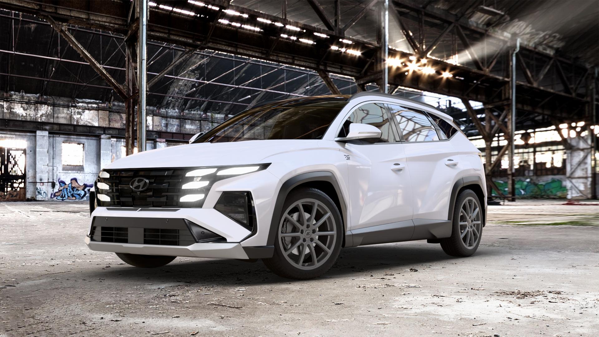 RC Design RC32 ferric-grey matt-lackiert Felge mit Reifen grau in 19Zoll Winterfelge Alufelge auf weissem Hyundai Tucson III Typ NX4e Facelift ⬇️ mit 15mm Tieferlegung ⬇️ Old Industrial Hall_max_5300mm_2024 Frontansicht_1