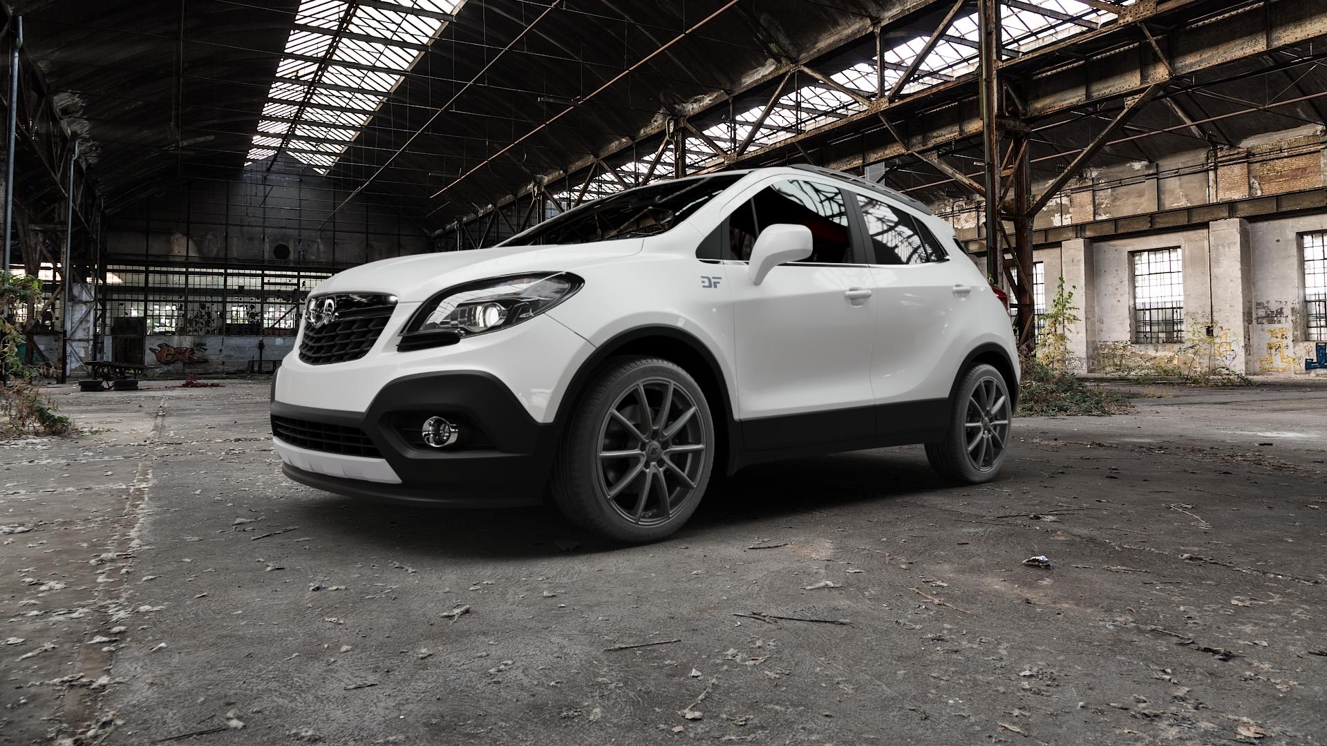 RC Design RC32 ferric-grey matt-lackiert Felge mit Reifen grau in 19Zoll Winterfelge Alufelge auf weissem Opel Mokka Typ J-A ⬇️ mit 15mm Tieferlegung ⬇️ Old Industrial Hall_max5000mm_2022 Frontansicht_1