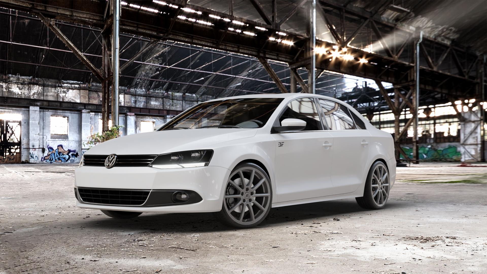 RC Design RC32 ferric-grey matt-lackiert Felge mit Reifen grau in 19Zoll Winterfelge Alufelge auf weissem Volkswagen (VW) Jetta 6 Typ 16 Facelift ⬇️ mit 15mm Tieferlegung ⬇️ Old Industrial Hall_max_5300mm_2024 Frontansicht_1