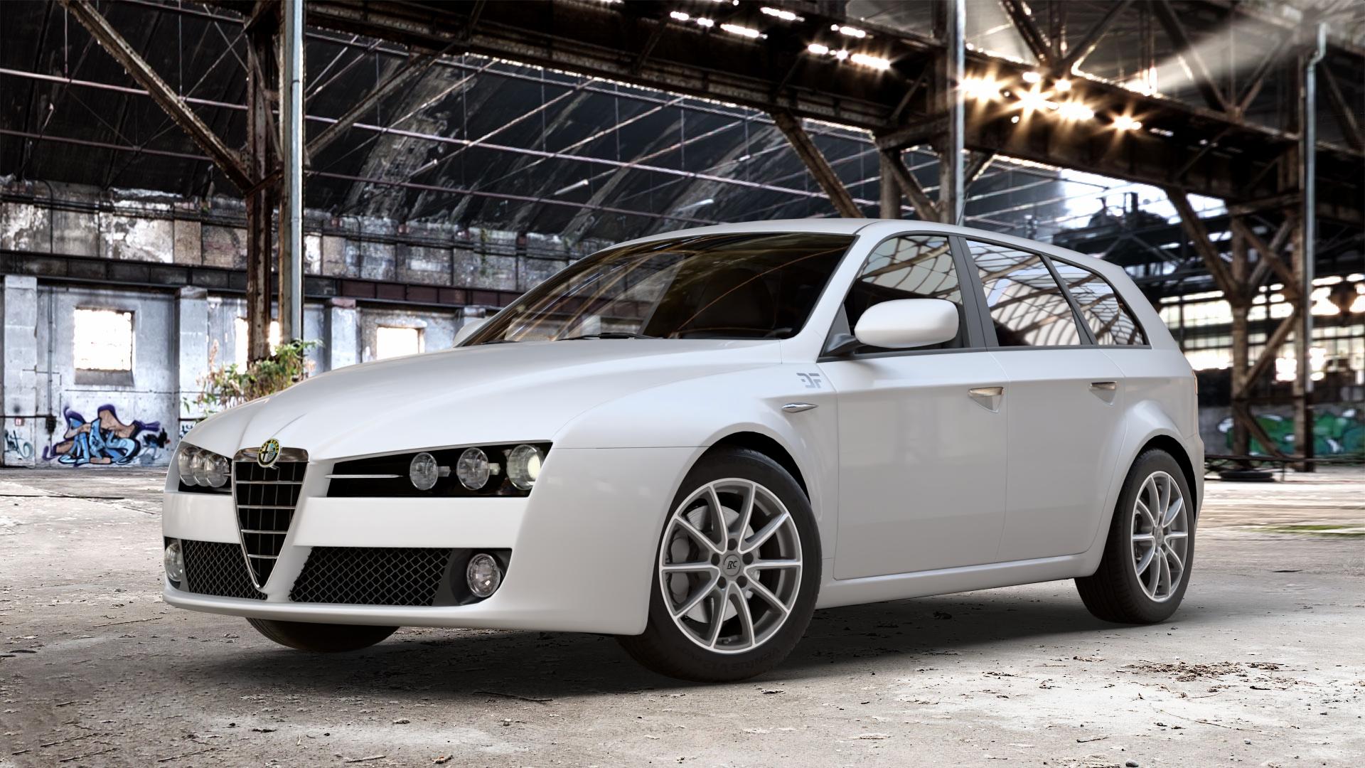 RC Design RC32 himalaya-grey front-poliert Felge mit Reifen grau silber mehrfarbig in 17Zoll Alufelge auf weissem Alfa Romeo 159 Sportwagon ⬇️ mit 15mm Tieferlegung ⬇️ Old Industrial Hall_max_4400mm_2024 Frontansicht_1