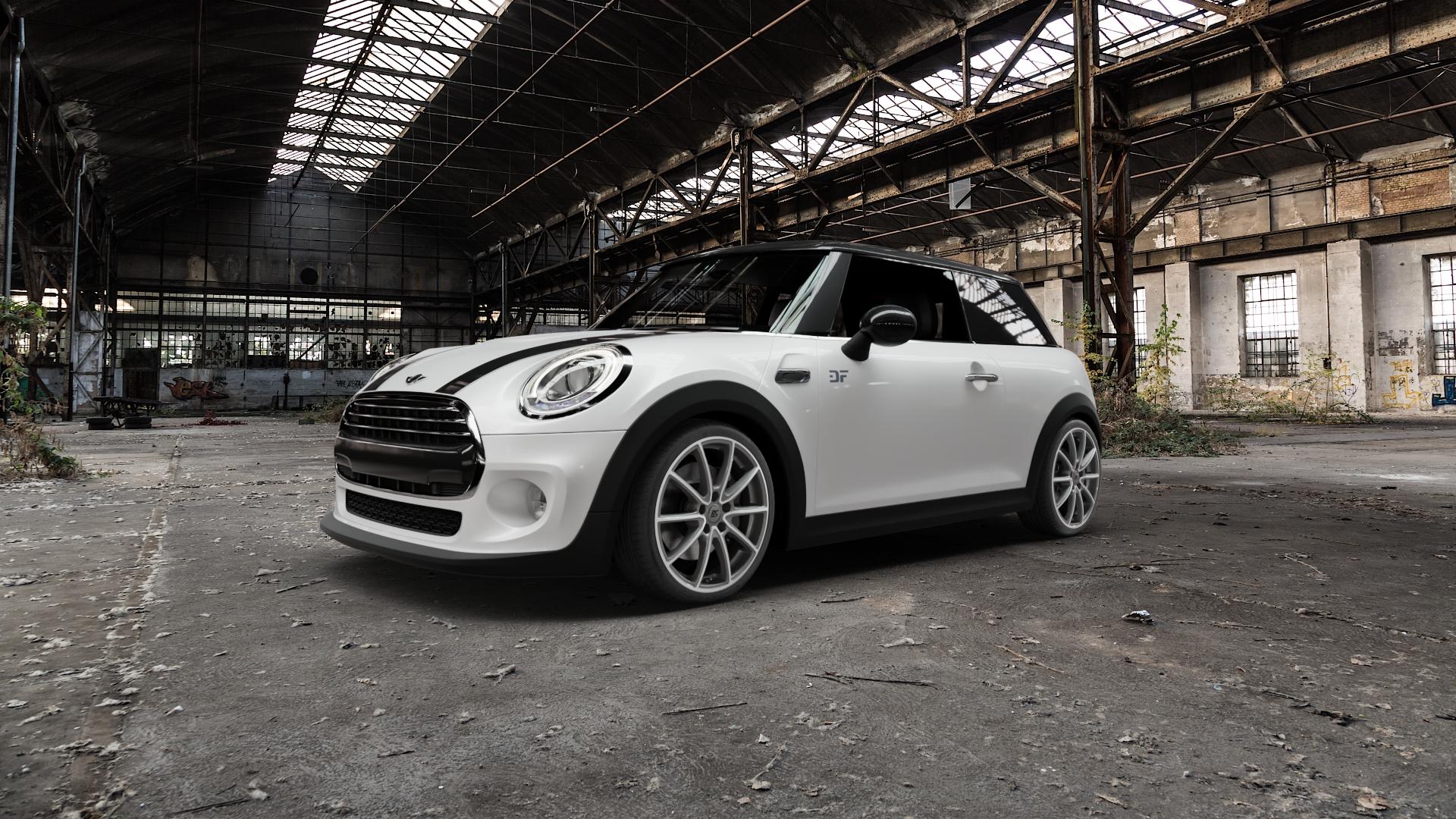 RC Design RC32 himalaya-grey front-poliert Felge mit Reifen grau silber mehrfarbig in 18Zoll Alufelge auf weissem Mini F56 Typ UKL-L (3-Türer Limousine) ⬇️ mit 15mm Tieferlegung ⬇️ Old Industrial Hall_max5000mm_2022 Frontansicht_1