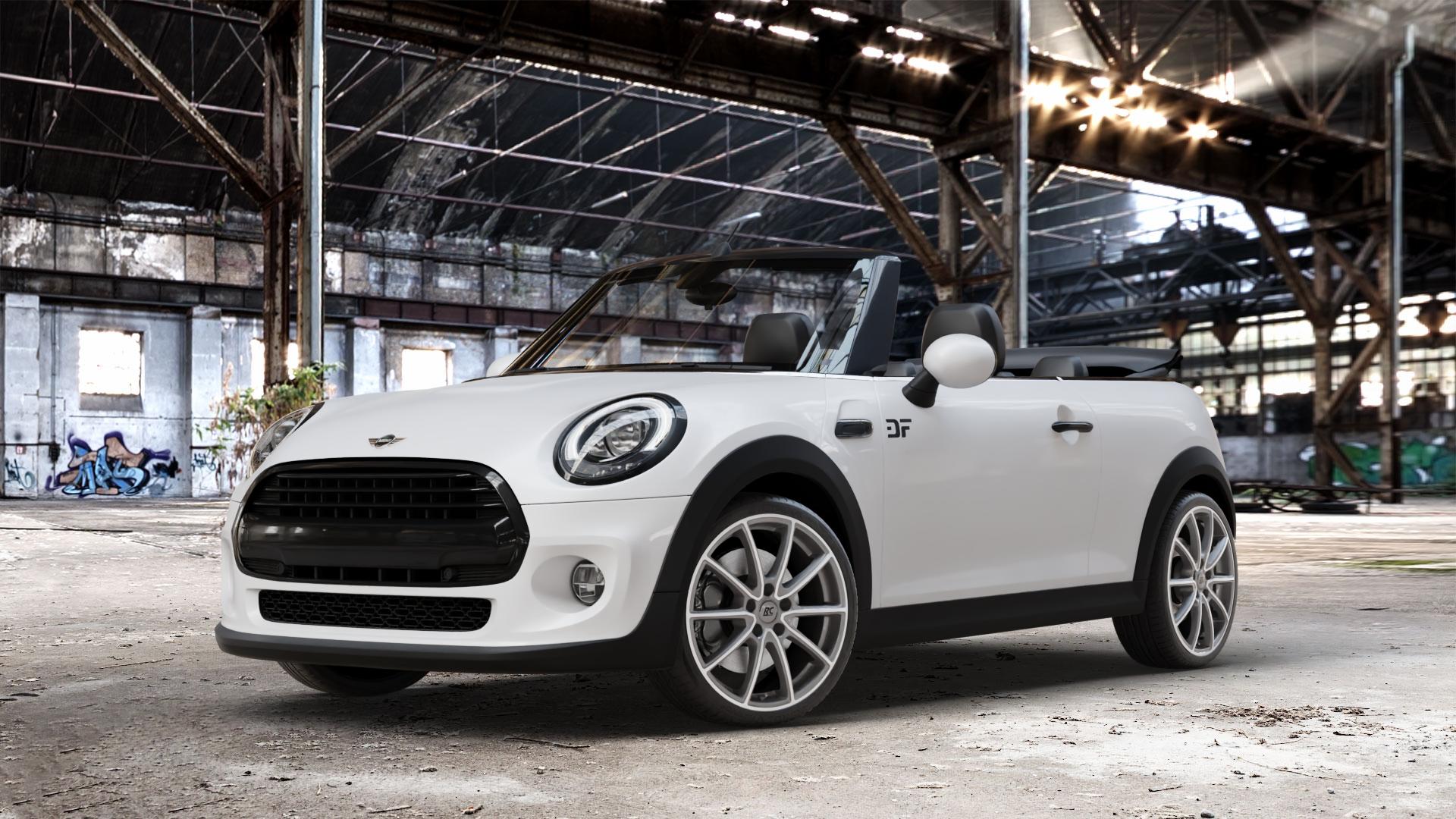 RC Design RC32 himalaya-grey front-poliert Felge mit Reifen grau silber mehrfarbig in 18Zoll Alufelge auf weissem Mini F57 Typ UKL-L (Cabriolet) 1,5l Cooper 100kW (136 PS) D 85kW (116 1,2l One 75kW (102 FMCA Facelift ⬇️ mit 15mm Tieferlegung ⬇️ Old Industrial Hall_max_4400mm_2024 Frontansicht_1