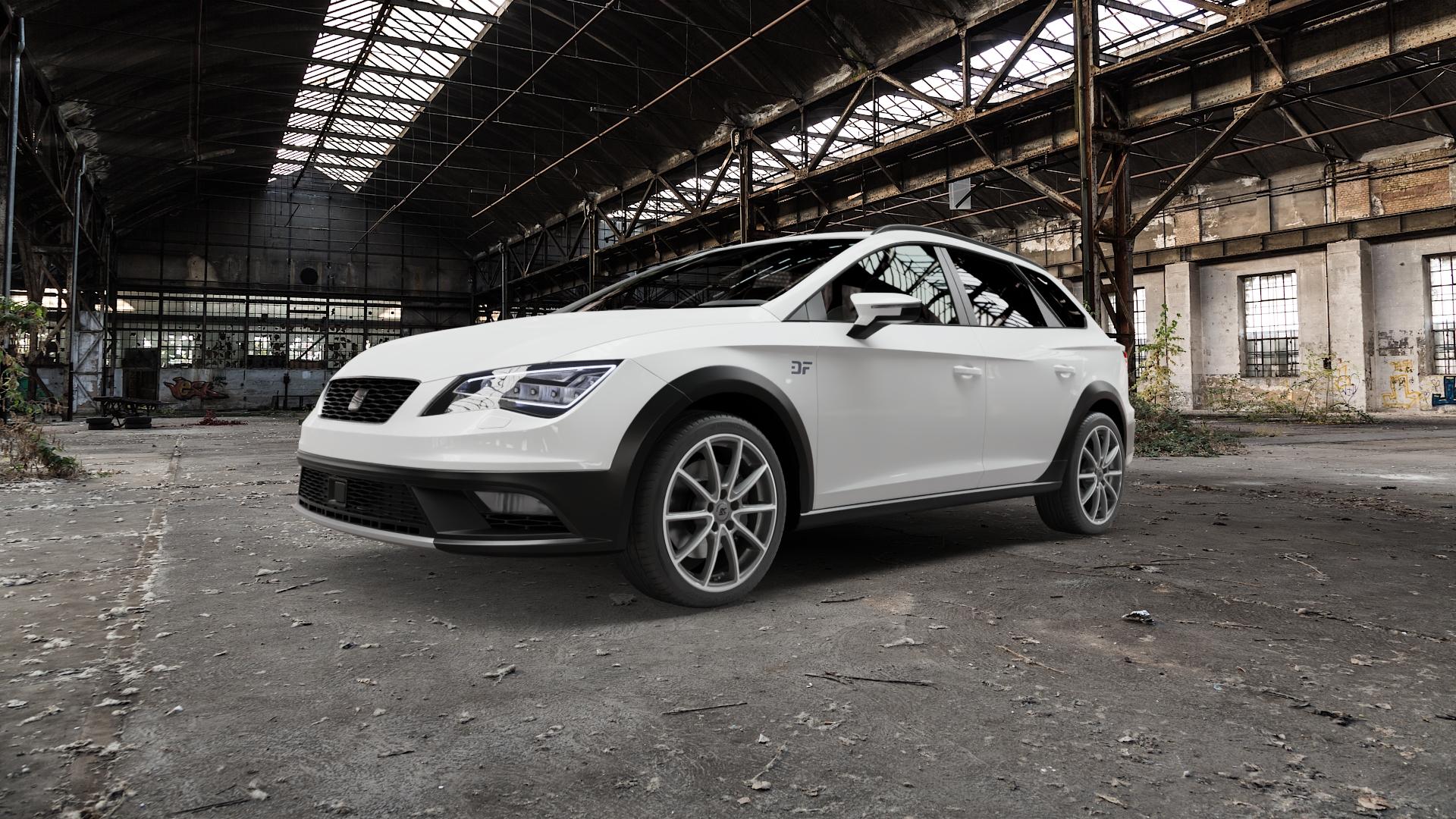 RC Design RC32 himalaya-grey front-poliert Felge mit Reifen grau silber mehrfarbig in 18Zoll Alufelge auf weissem Seat Leon Typ 5F X-Perience ⬇️ mit 15mm Tieferlegung ⬇️ Old Industrial Hall_max5000mm_2022 Frontansicht_1