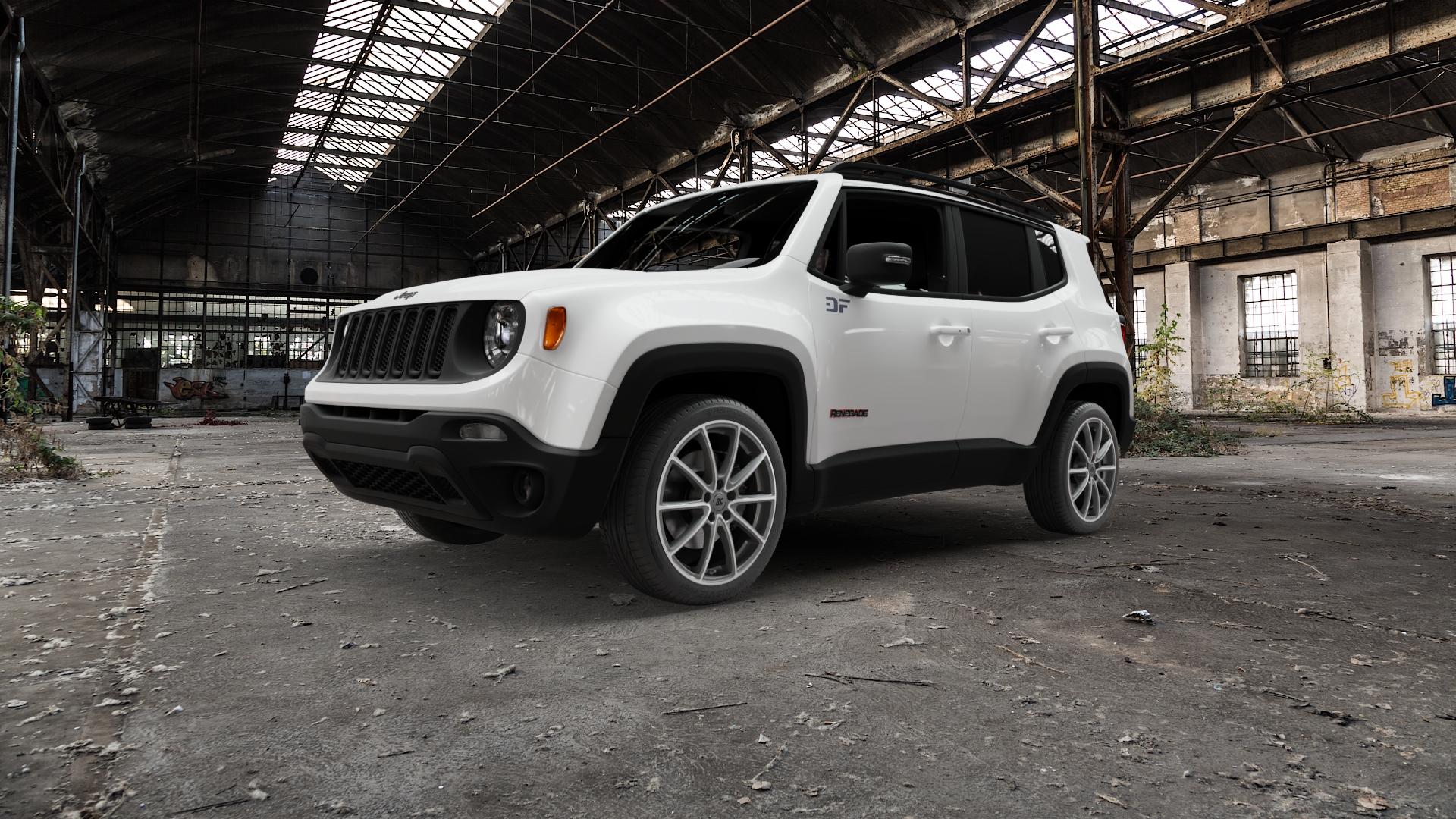 RC Design RC32 himalaya-grey front-poliert Felge mit Reifen grau silber mehrfarbig in 19Zoll Alufelge auf weissem Jeep Renegade Typ BU ⬇️ mit 15mm Tieferlegung ⬇️ Old Industrial Hall_max5000mm_2022 Frontansicht_1