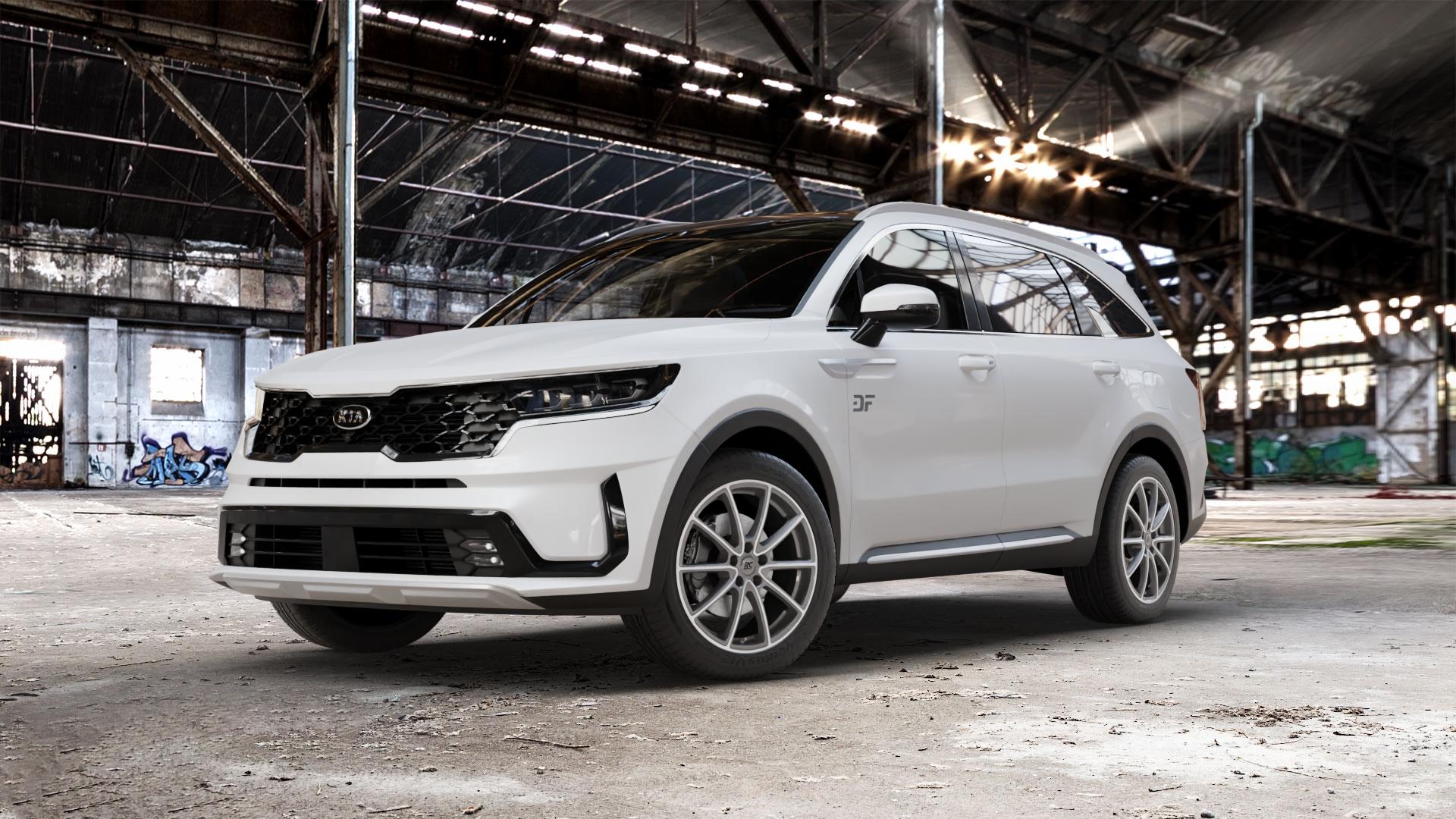 RC Design RC32 himalaya-grey front-poliert Felge mit Reifen grau silber mehrfarbig in 19Zoll Alufelge auf weissem Kia Sorento IV Typ MQ4 ⬇️ mit 15mm Tieferlegung ⬇️ Old Industrial Hall_max_5300mm_2024 Frontansicht_1
