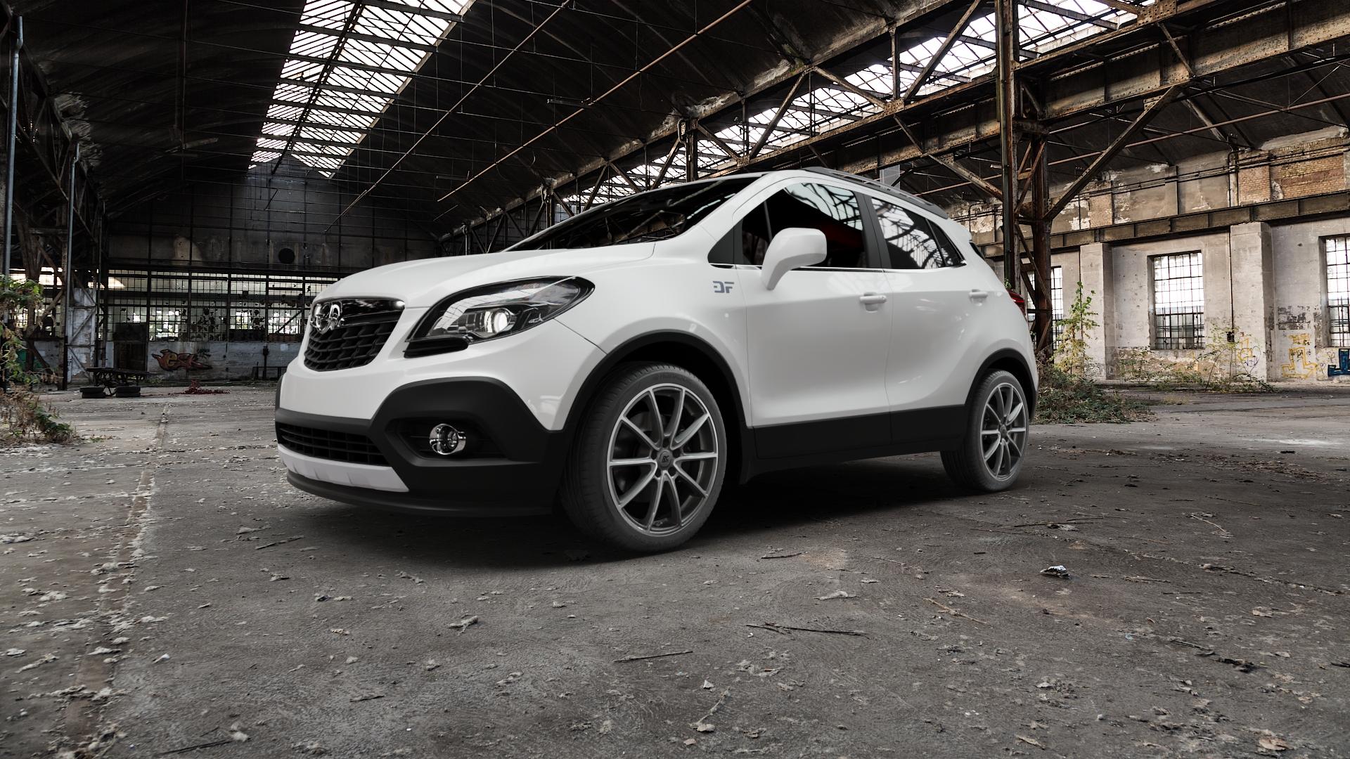 RC Design RC32 himalaya-grey front-poliert Felge mit Reifen grau silber mehrfarbig in 19Zoll Alufelge auf weissem Opel Mokka Typ J-A ⬇️ mit 15mm Tieferlegung ⬇️ Old Industrial Hall_max5000mm_2022 Frontansicht_1