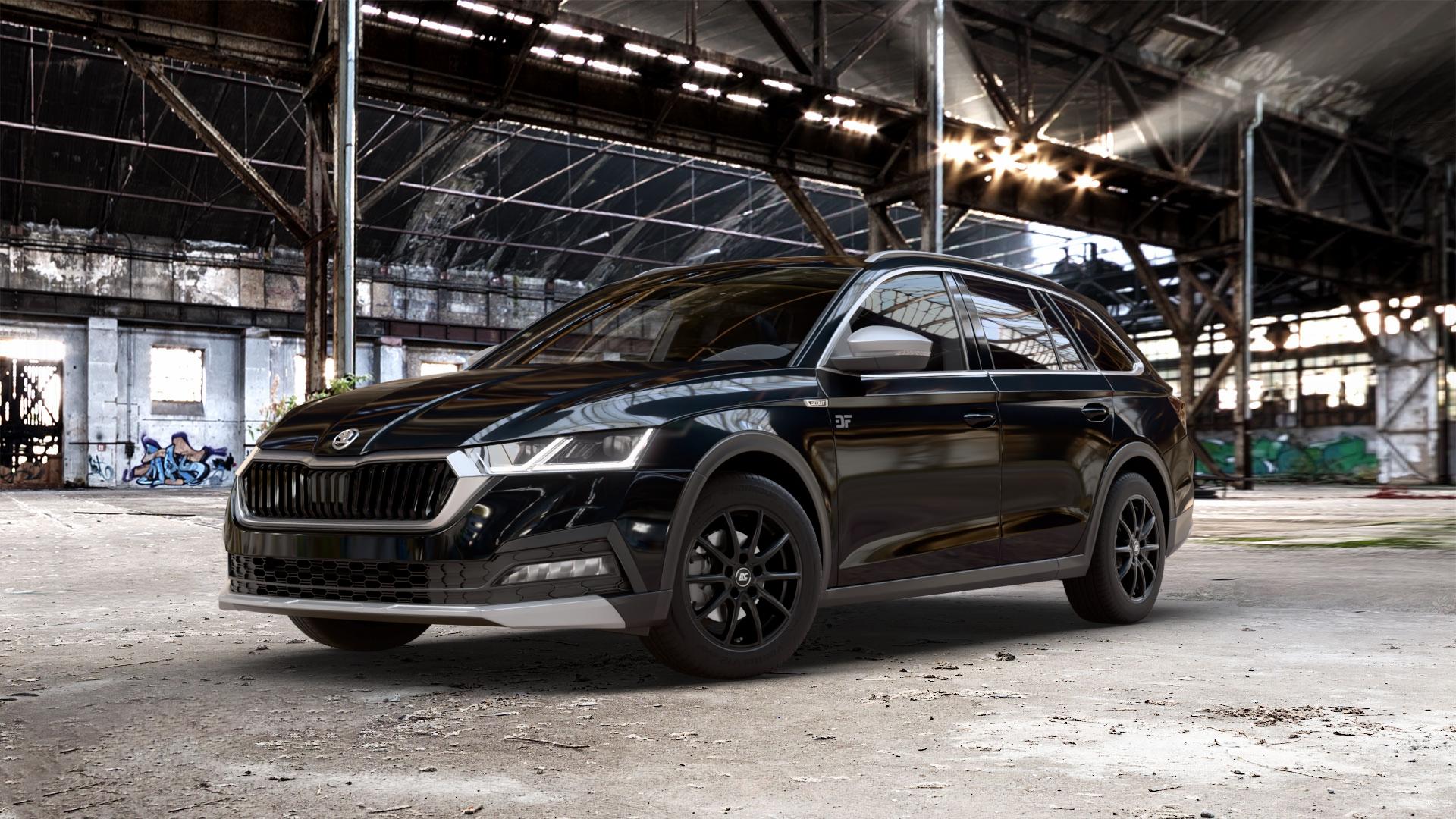 RC Design RC32 satin-black matt-lackiert Felge mit Reifen schwarz in 16Zoll Winterfelge Alufelge auf schwarzem metallic Skoda Octavia IV Scout Typ NX ⬇️ mit 15mm Tieferlegung ⬇️ Old Industrial Hall_max_5300mm_2024 Frontansicht_1