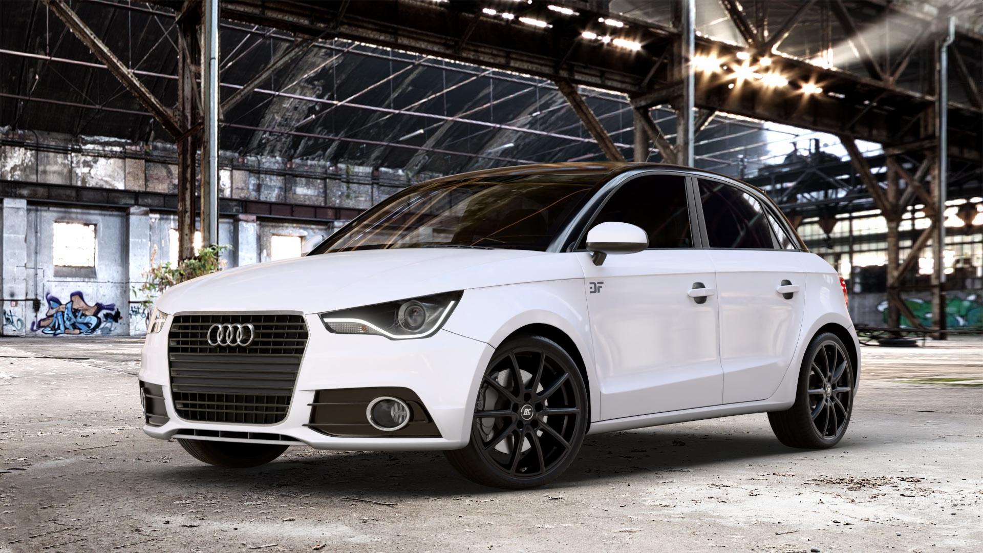 RC Design RC32 satin-black matt-lackiert Felge mit Reifen schwarz in 18Zoll Winterfelge Alufelge auf weissem Audi A1 Typ 8X (Sportback) Facelift ⬇️ mit 15mm Tieferlegung ⬇️ Old Industrial Hall_max_4400mm_2024 Frontansicht_1