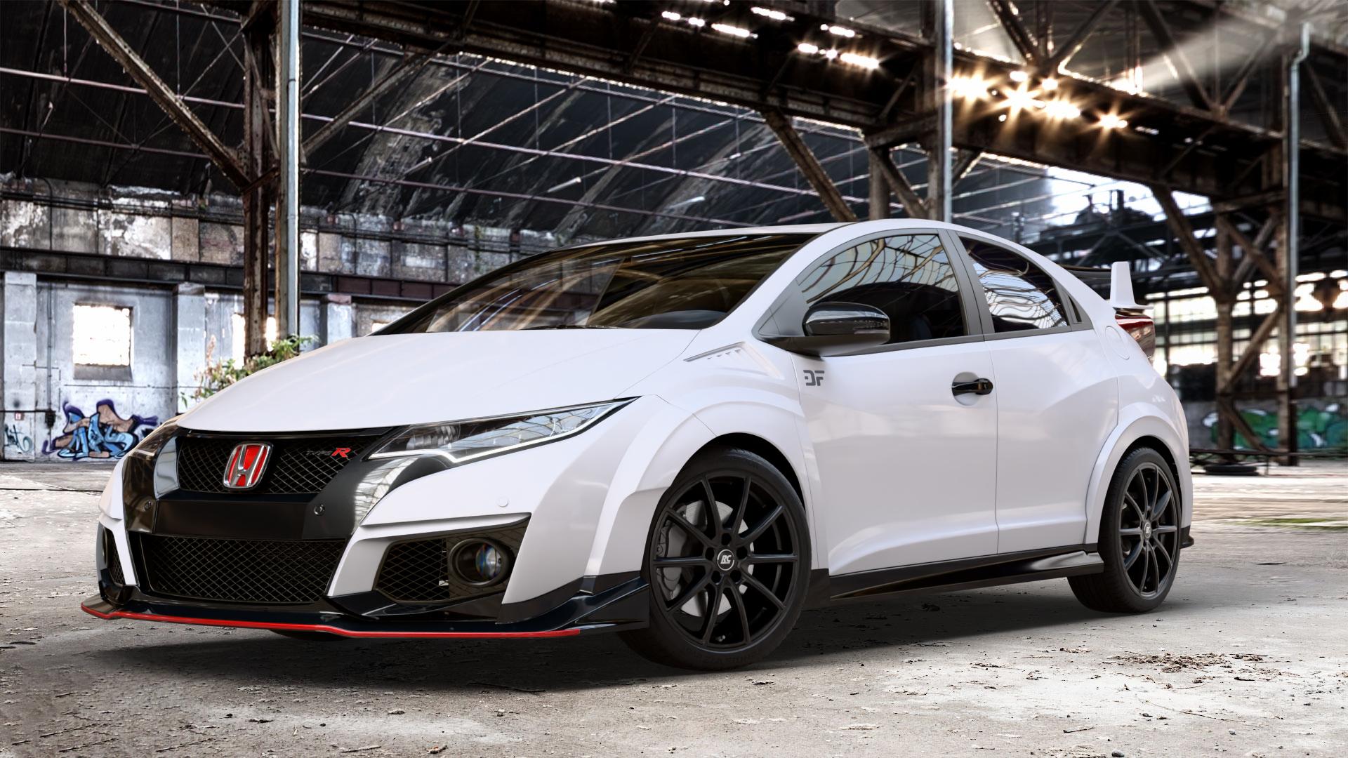 RC Design RC32 satin-black matt-lackiert Felge mit Reifen schwarz in 18Zoll Winterfelge Alufelge auf weissem Honda Civic 9 Fließheck (FK) 2,0l Type-R (FK2) 228kW (310 PS) ⬇️ mit 15mm Tieferlegung ⬇️ Old Industrial Hall_max_4400mm_2024 Frontansicht_1