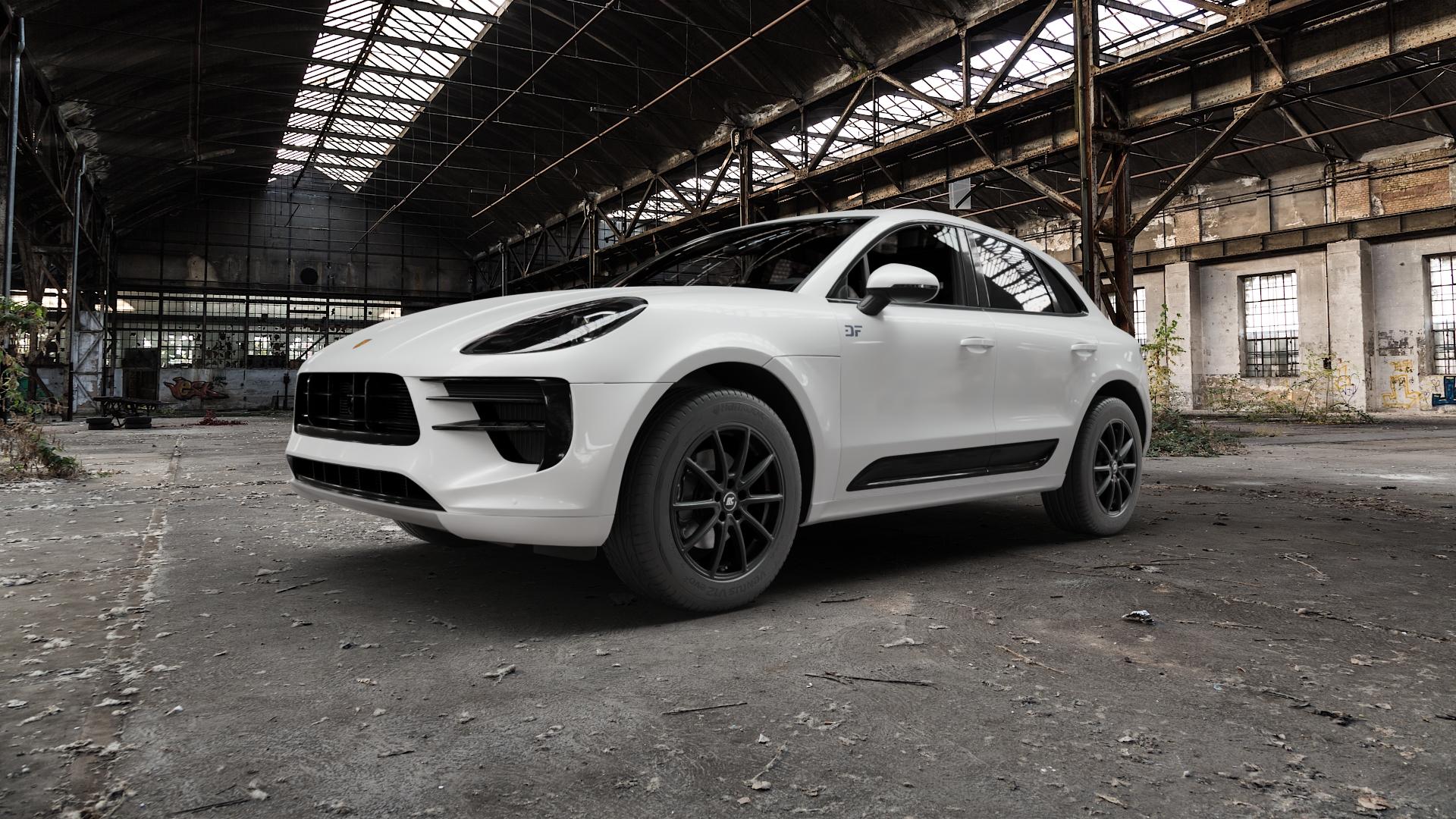 RC Design RC32 satin-black matt-lackiert Felge mit Reifen schwarz in 18Zoll Winterfelge Alufelge auf weissem Porsche Macan Typ 95B Facelift ⬇️ mit 15mm Tieferlegung ⬇️ Old Industrial Hall_max5000mm_2022 Frontansicht_1