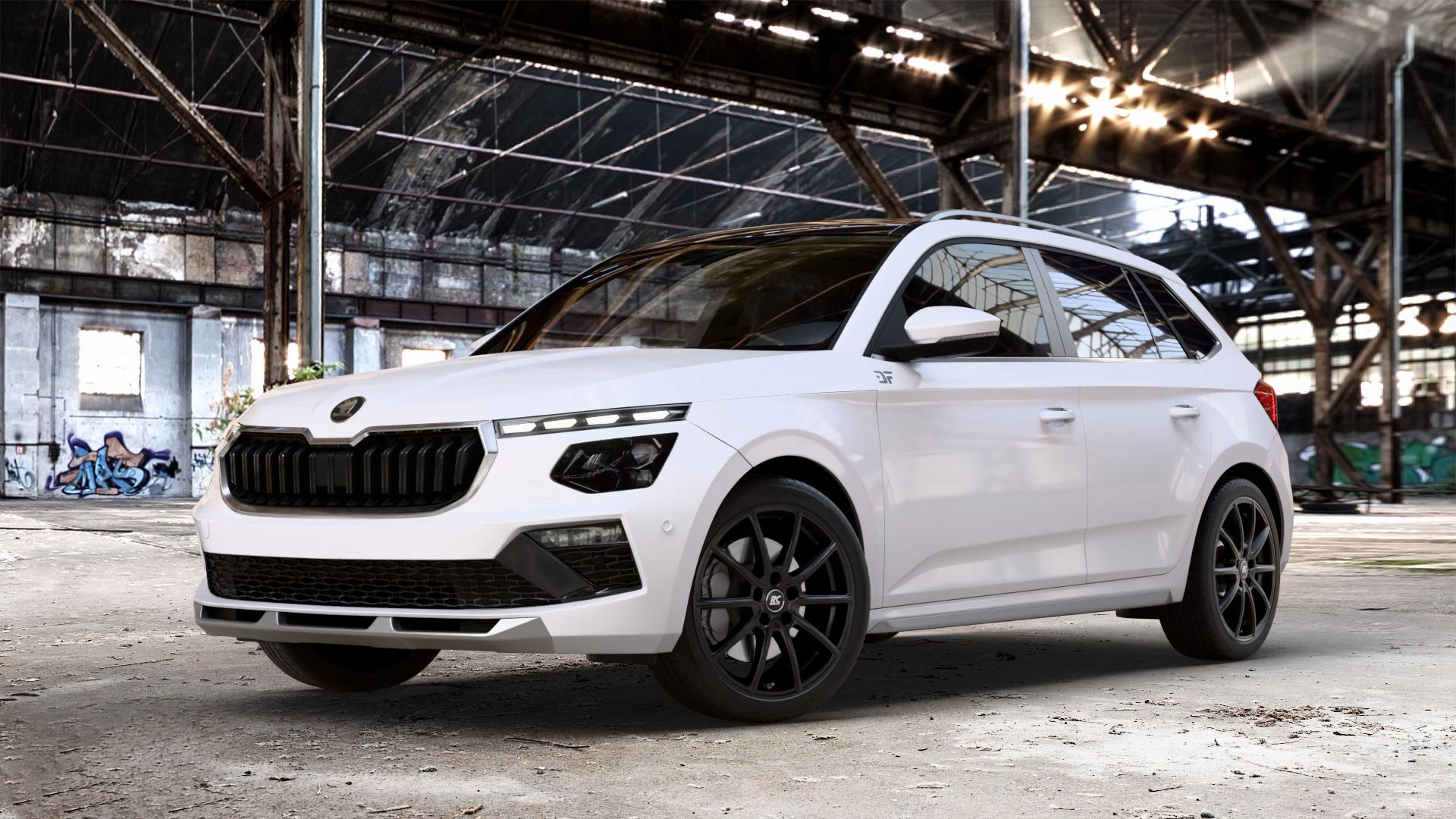 RC Design RC32 satin-black matt-lackiert Felge mit Reifen schwarz in 18Zoll Winterfelge Alufelge auf weissem Skoda Kamiq Typ NW Facelift 1,0l TSI 70kW (95 PS) 85kW (116 1,5l 110kW (150 ⬇️ mit 15mm Tieferlegung ⬇️ Old Industrial Hall_max_4400mm_2024 Frontansicht_1