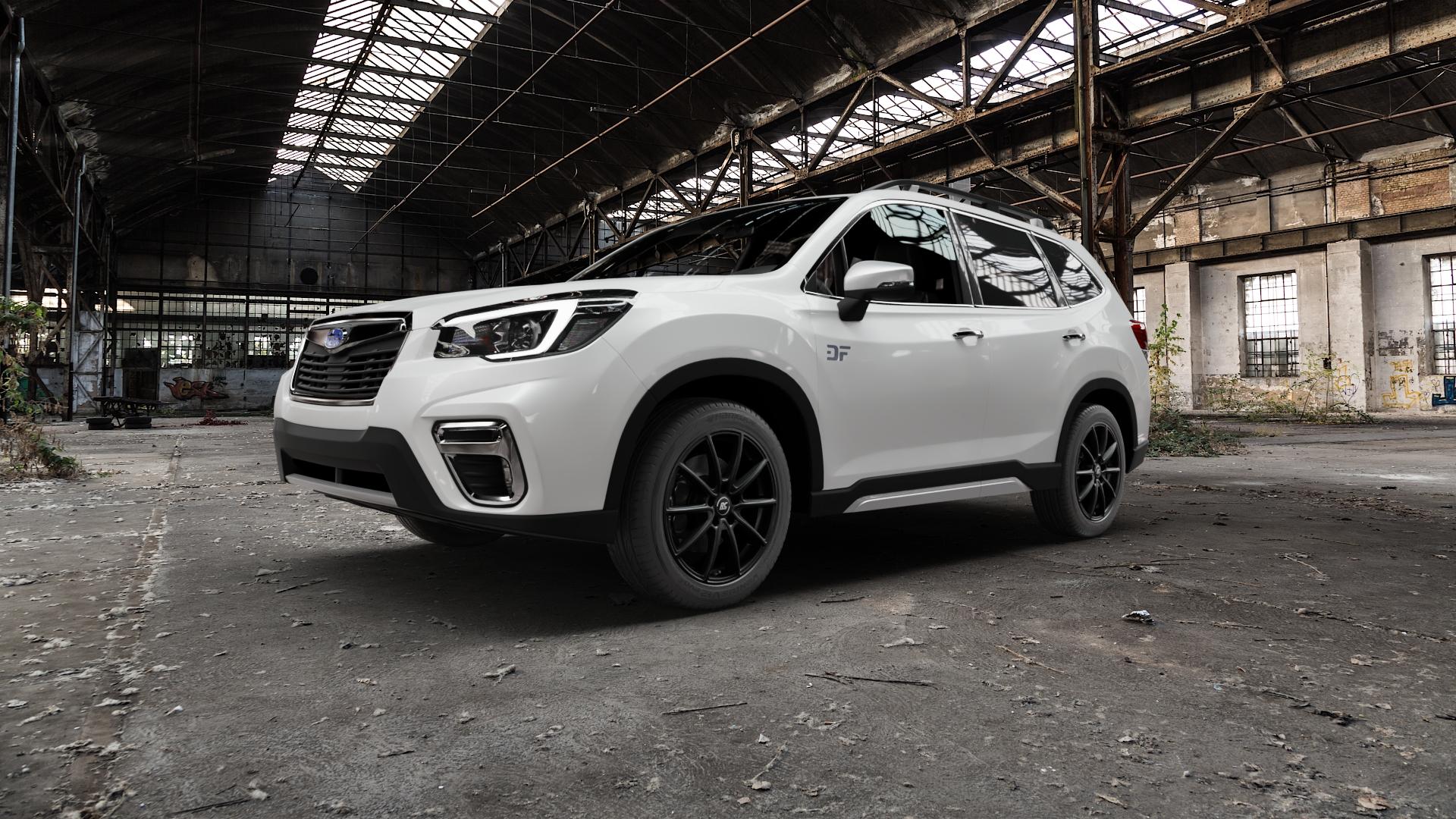 RC Design RC32 satin-black matt-lackiert Felge mit Reifen schwarz in 18Zoll Winterfelge Alufelge auf weissem Subaru Forester V Typ S5 ⬇️ mit 15mm Tieferlegung ⬇️ Old Industrial Hall_max5000mm_2022 Frontansicht_1