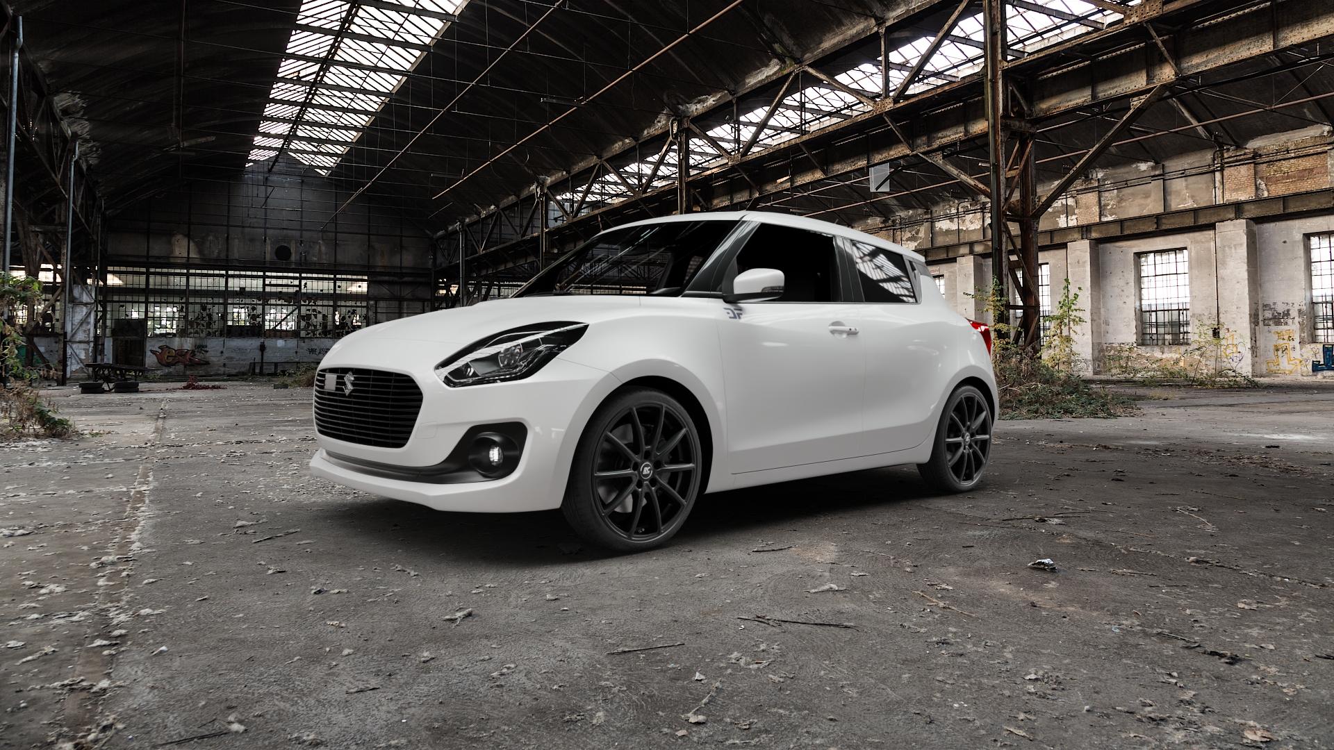RC Design RC32 satin-black matt-lackiert Felge mit Reifen schwarz in 18Zoll Winterfelge Alufelge auf weissem Suzuki Swift VI Typ AZ Facelift ⬇️ mit 15mm Tieferlegung ⬇️ Old Industrial Hall_max5000mm_2022 Frontansicht_1