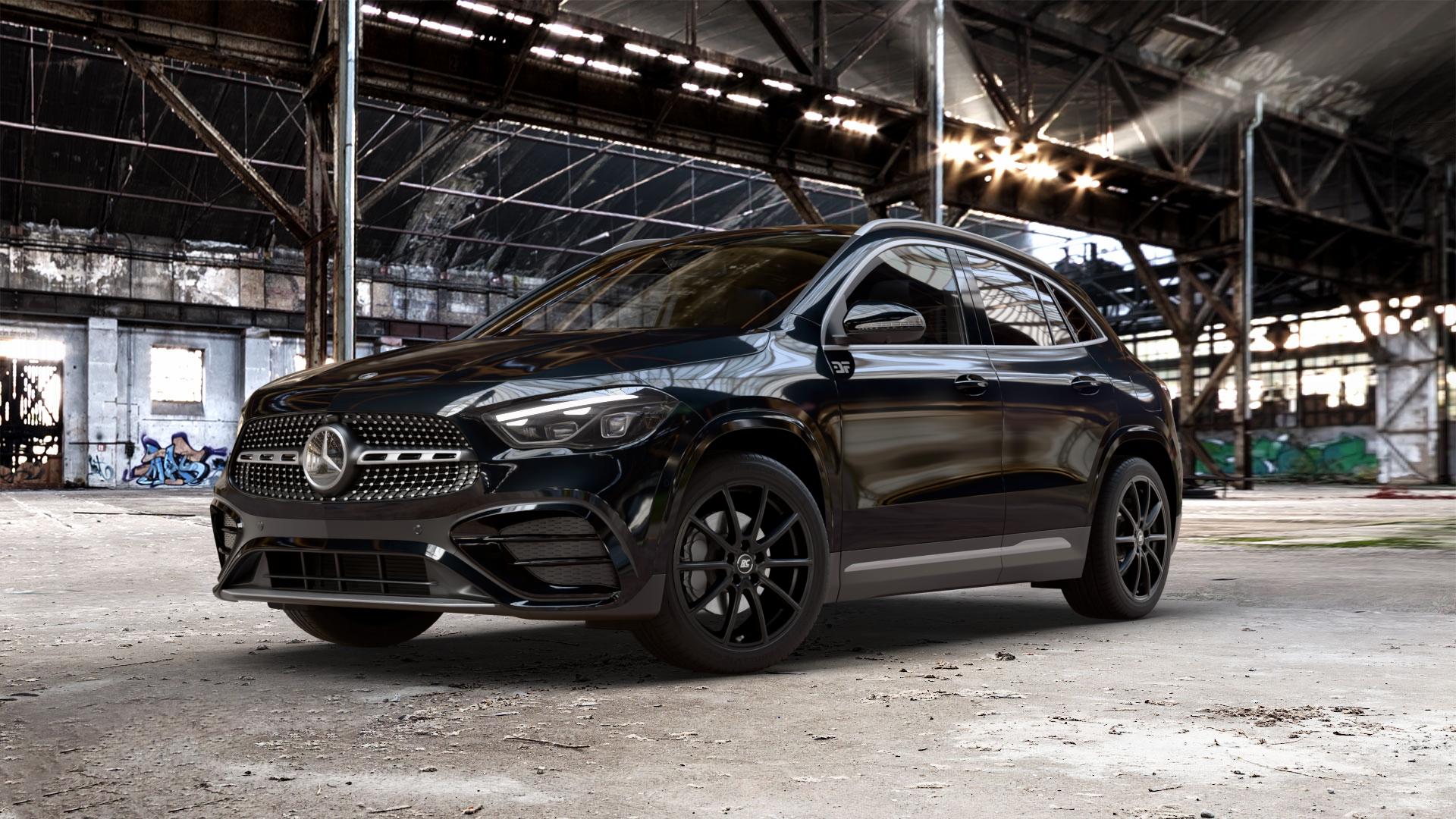 RC Design RC32 satin-black matt-lackiert Felge mit Reifen schwarz in 19Zoll Winterfelge Alufelge auf schwarzem metallic Mercedes GLA-Klasse Typ F2B Facelift ⬇️ mit 15mm Tieferlegung ⬇️ Old Industrial Hall_max_5300mm_2024 Frontansicht_1