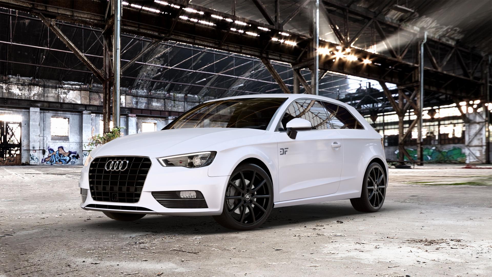 RC Design RC32 satin-black matt-lackiert Felge mit Reifen schwarz in 19Zoll Winterfelge Alufelge auf weissem Audi A3 Typ 8V ⬇️ mit 15mm Tieferlegung ⬇️ Old Industrial Hall_max_5300mm_2024 Frontansicht_1