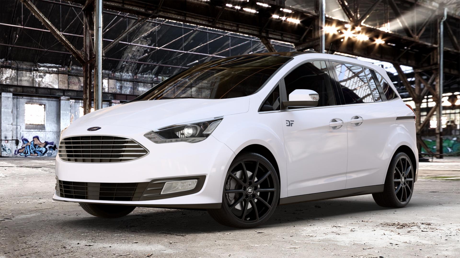 RC Design RC32 satin-black matt-lackiert Felge mit Reifen schwarz in 19Zoll Winterfelge Alufelge auf weissem Ford Grand C-Max Typ DXA Facelift (15->) ⬇️ mit 15mm Tieferlegung ⬇️ Old Industrial Hall_max_4400mm_2024 Frontansicht_1