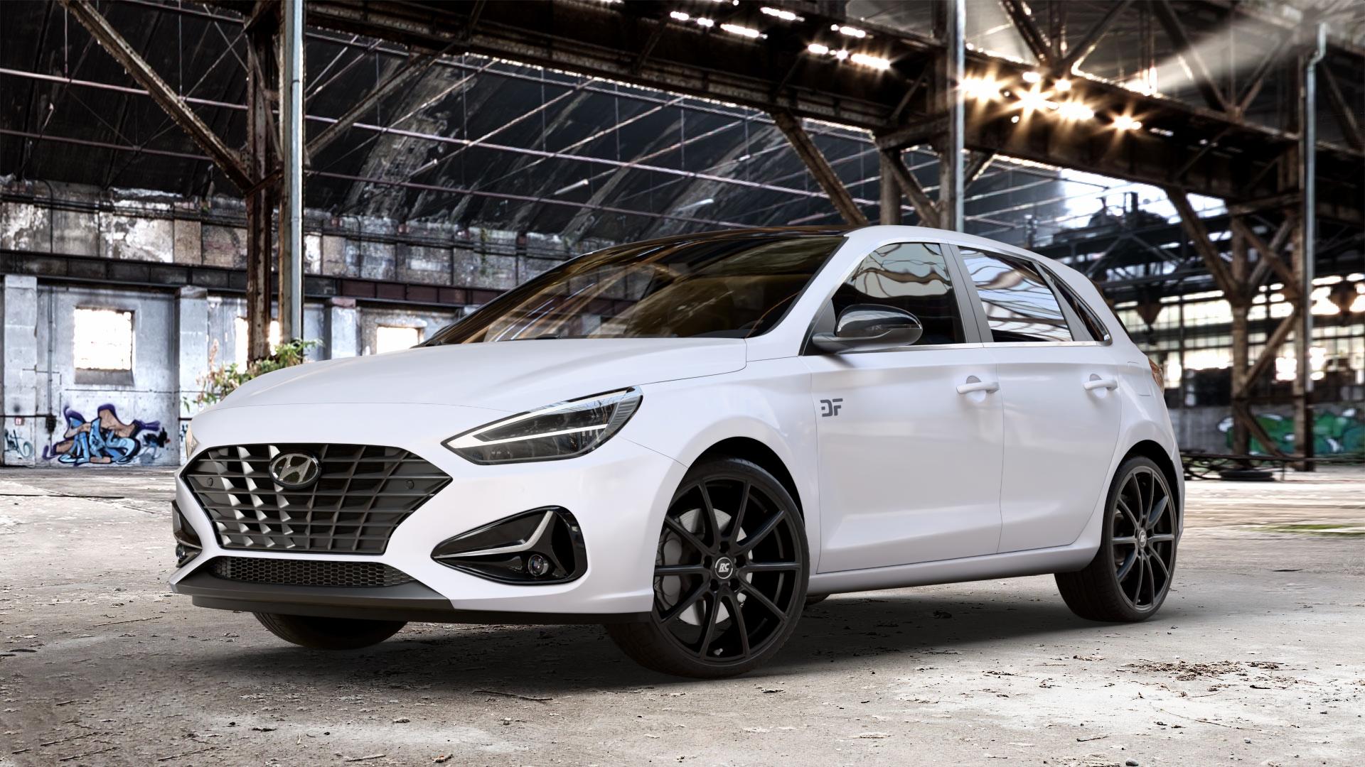 RC Design RC32 satin-black matt-lackiert Felge mit Reifen schwarz in 19Zoll Winterfelge Alufelge auf weissem Hyundai i30 Typ PDE Facelift 1,0l T-GDI 88kW Mild-Hybrid (120 PS) 1,5l 117kW (159 81kW (110 1,6l CRDi 85kW (116 100kW (136 II ⬇️ mit 15mm Tieferlegung ⬇️ Old Industrial Hall_max_4400mm_2024 Frontansicht_1