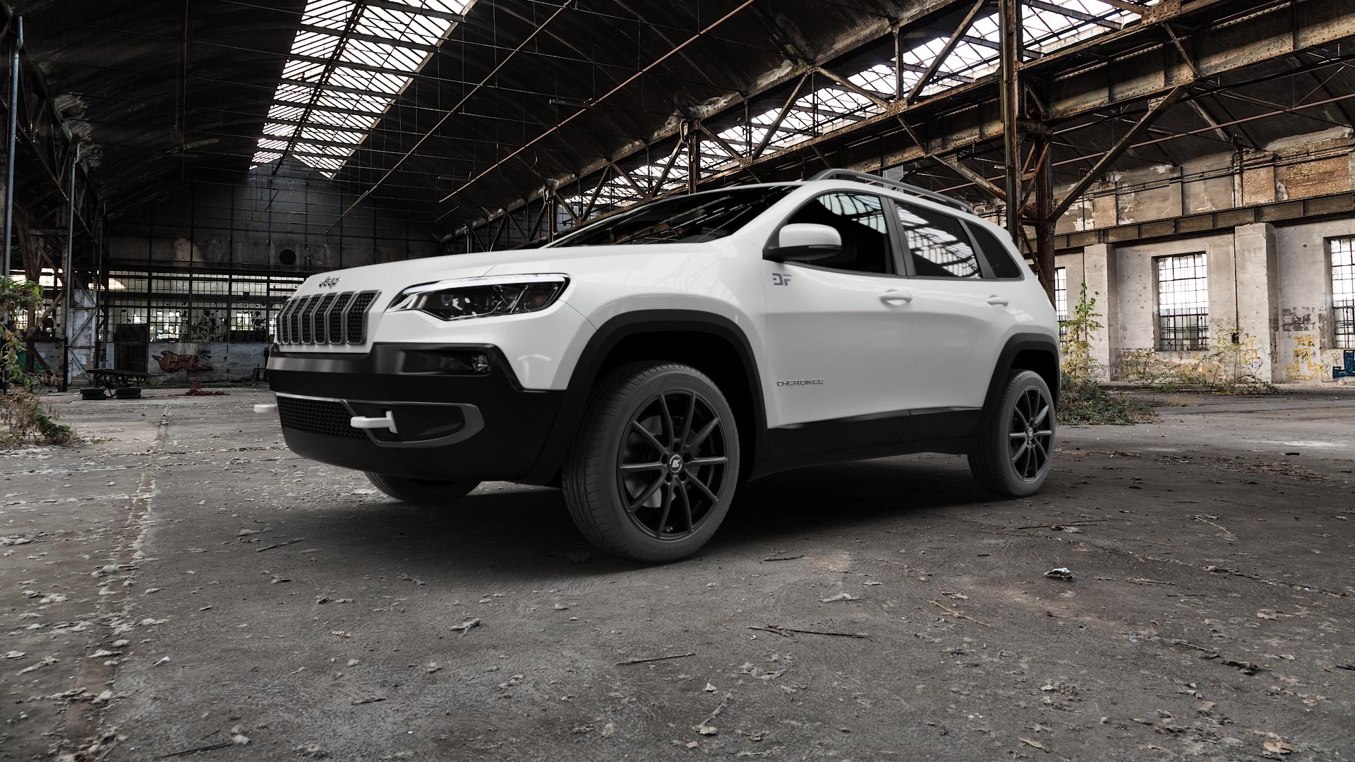 RC Design RC32 satin-black matt-lackiert Felge mit Reifen schwarz in 19Zoll Winterfelge Alufelge auf weissem Jeep Cherokee Typ KL Facelift ⬇️ mit 15mm Tieferlegung ⬇️ Old Industrial Hall_max5000mm_2022 Frontansicht_1