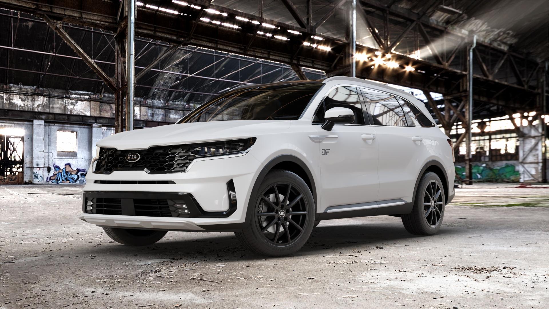 RC Design RC32 satin-black matt-lackiert Felge mit Reifen schwarz in 19Zoll Winterfelge Alufelge auf weissem Kia Sorento IV Typ MQ4 ⬇️ mit 15mm Tieferlegung ⬇️ Old Industrial Hall_max_5300mm_2024 Frontansicht_1
