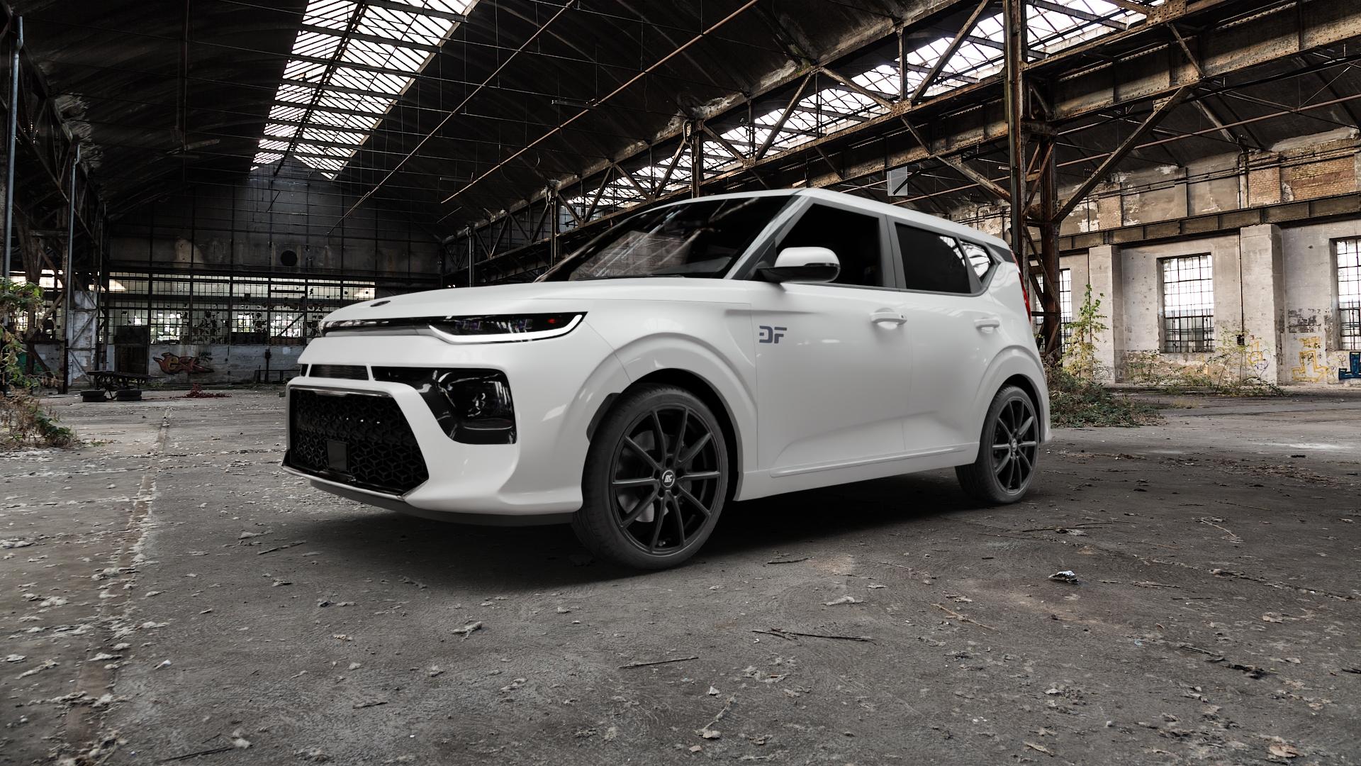 RC Design RC32 satin-black matt-lackiert Felge mit Reifen schwarz in 19Zoll Winterfelge Alufelge auf weissem Kia Soul III Typ SK3 ⬇️ mit 15mm Tieferlegung ⬇️ Old Industrial Hall_max5000mm_2022 Frontansicht_1