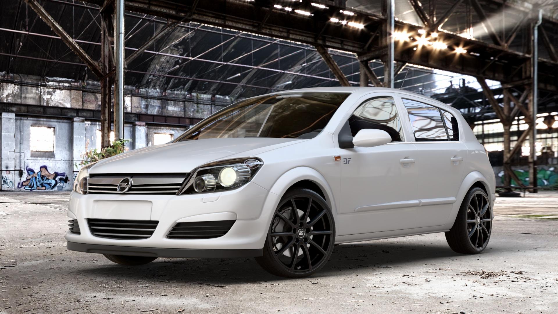 RC Design RC32 satin-black matt-lackiert Felge mit Reifen schwarz in 19Zoll Winterfelge Alufelge auf weissem Opel Astra H Stufenheck Typ A-H/NB ⬇️ mit 15mm Tieferlegung ⬇️ Old Industrial Hall_max_4400mm_2024 Frontansicht_1