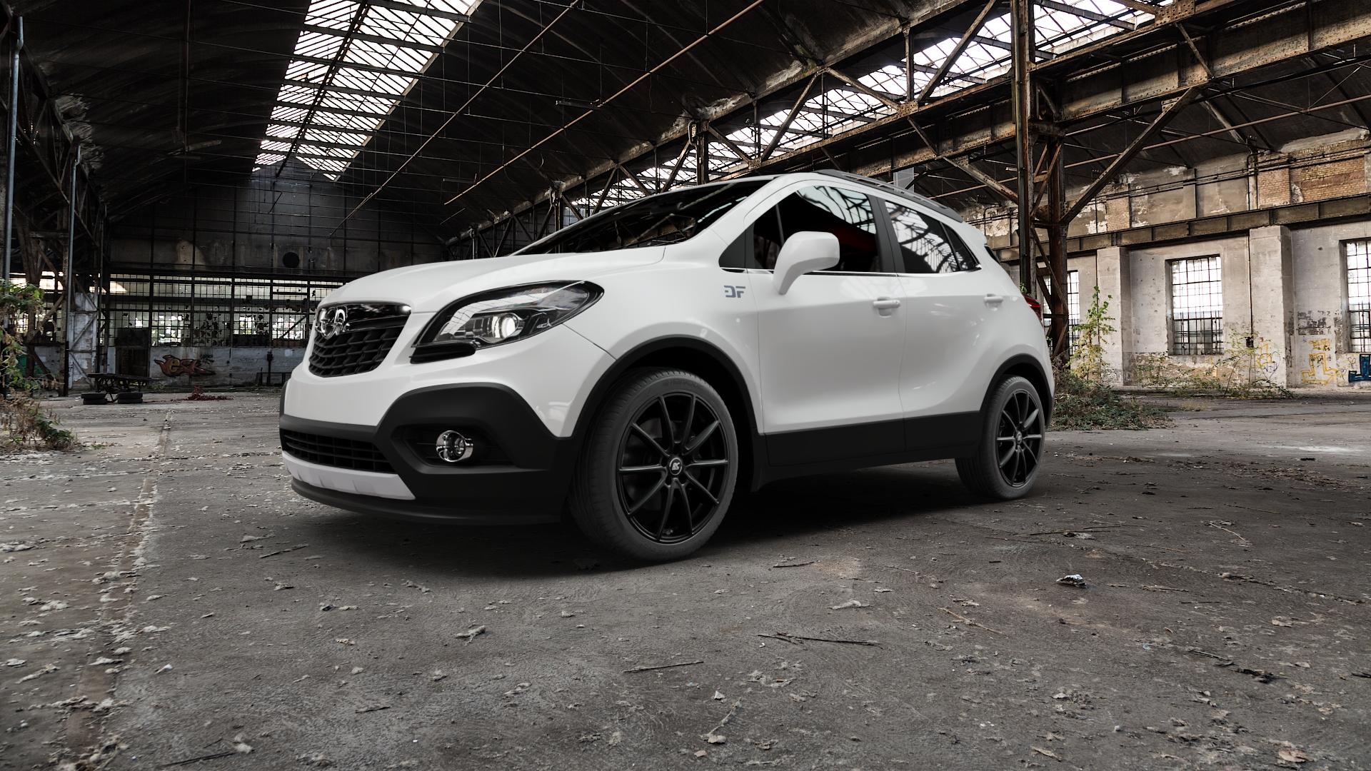 RC Design RC32 satin-black matt-lackiert Felge mit Reifen schwarz in 19Zoll Winterfelge Alufelge auf weissem Opel Mokka Typ J-A ⬇️ mit 15mm Tieferlegung ⬇️ Old Industrial Hall_max5000mm_2022 Frontansicht_1