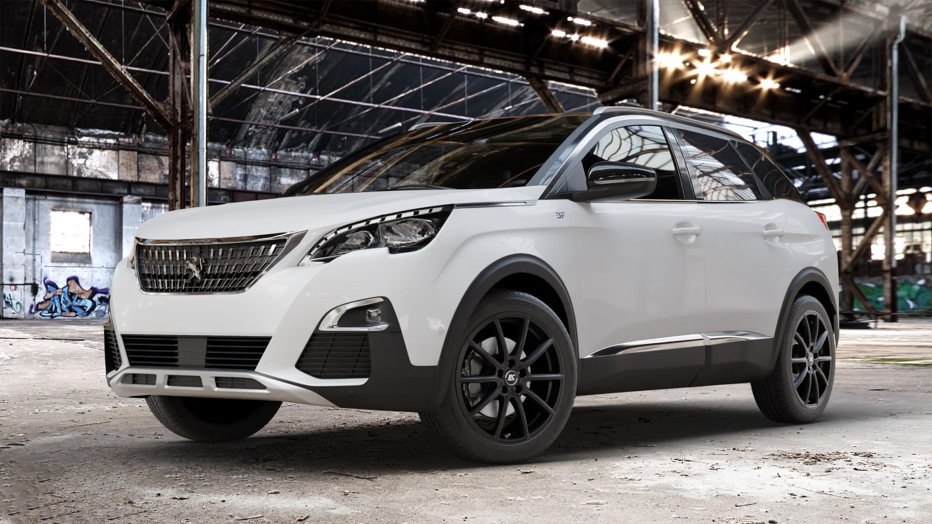 RC Design RC32 satin-black matt-lackiert Felge mit Reifen schwarz in 19Zoll Winterfelge Alufelge auf weissem Peugeot 3008 II Typ M ⬇️ mit 15mm Tieferlegung ⬇️ Old Industrial Hall_max_4400mm_2024 Frontansicht_1