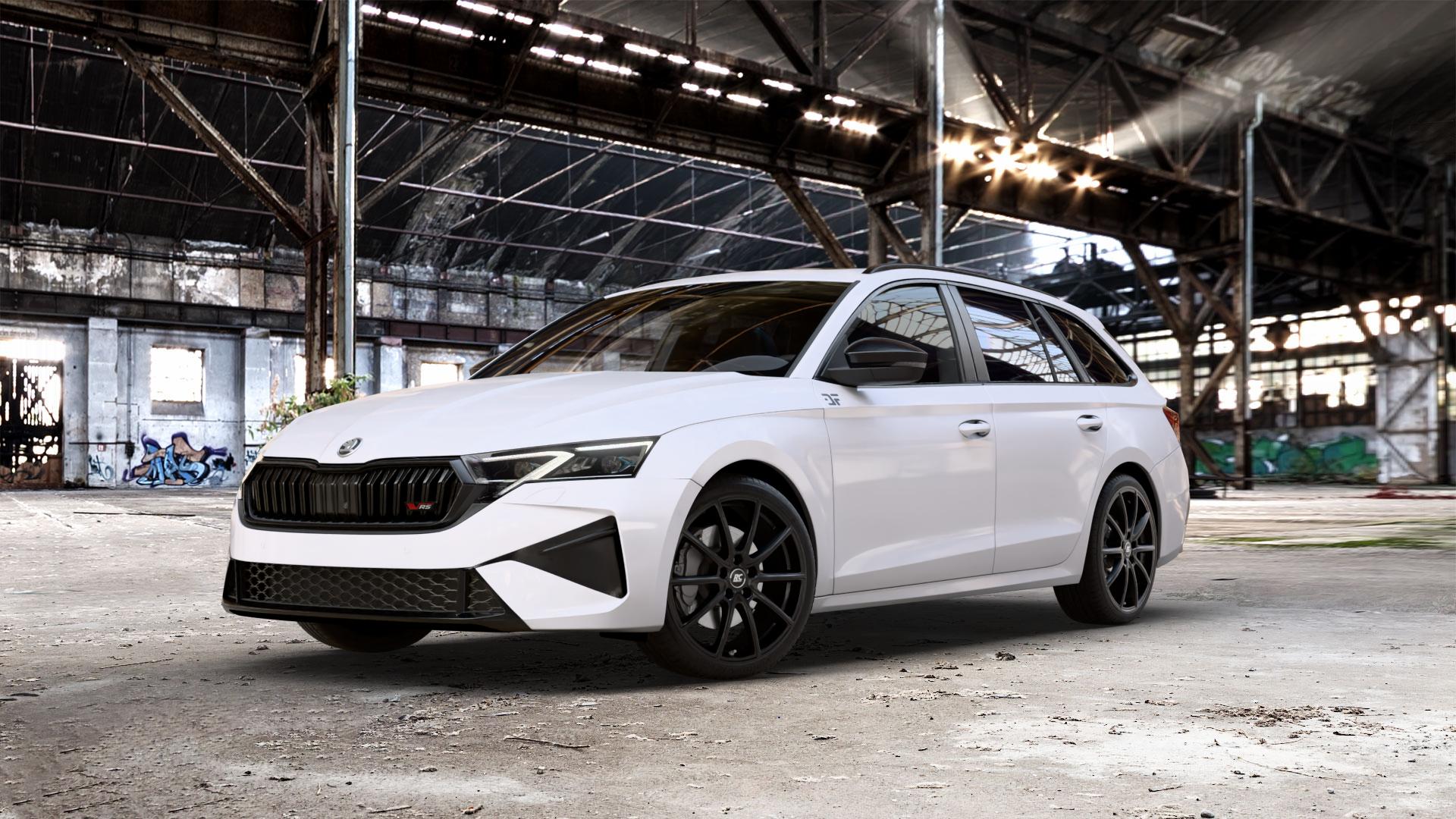 RC Design RC32 satin-black matt-lackiert Felge mit Reifen schwarz in 19Zoll Winterfelge Alufelge auf weissem Skoda Octavia IV Kombi Typ NX Facelift 2,0l TSI 195kW RS (265 PS) ⬇️ mit 15mm Tieferlegung ⬇️ Old Industrial Hall_max_5300mm_2024 Frontansicht_1