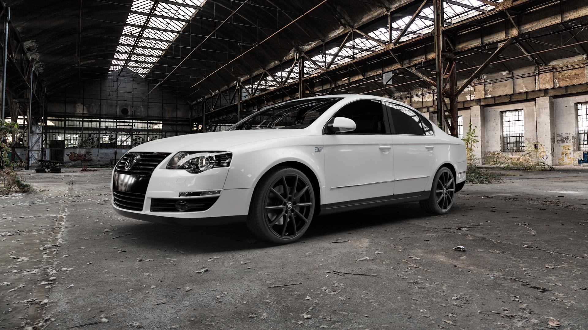 RC Design RC32 satin-black matt-lackiert Felge mit Reifen schwarz in 19Zoll Winterfelge Alufelge auf weissem Volkswagen (VW) Passat 3C/B6 Limousine ⬇️ mit 15mm Tieferlegung ⬇️ Old Industrial Hall_max5000mm_2022 Frontansicht_1