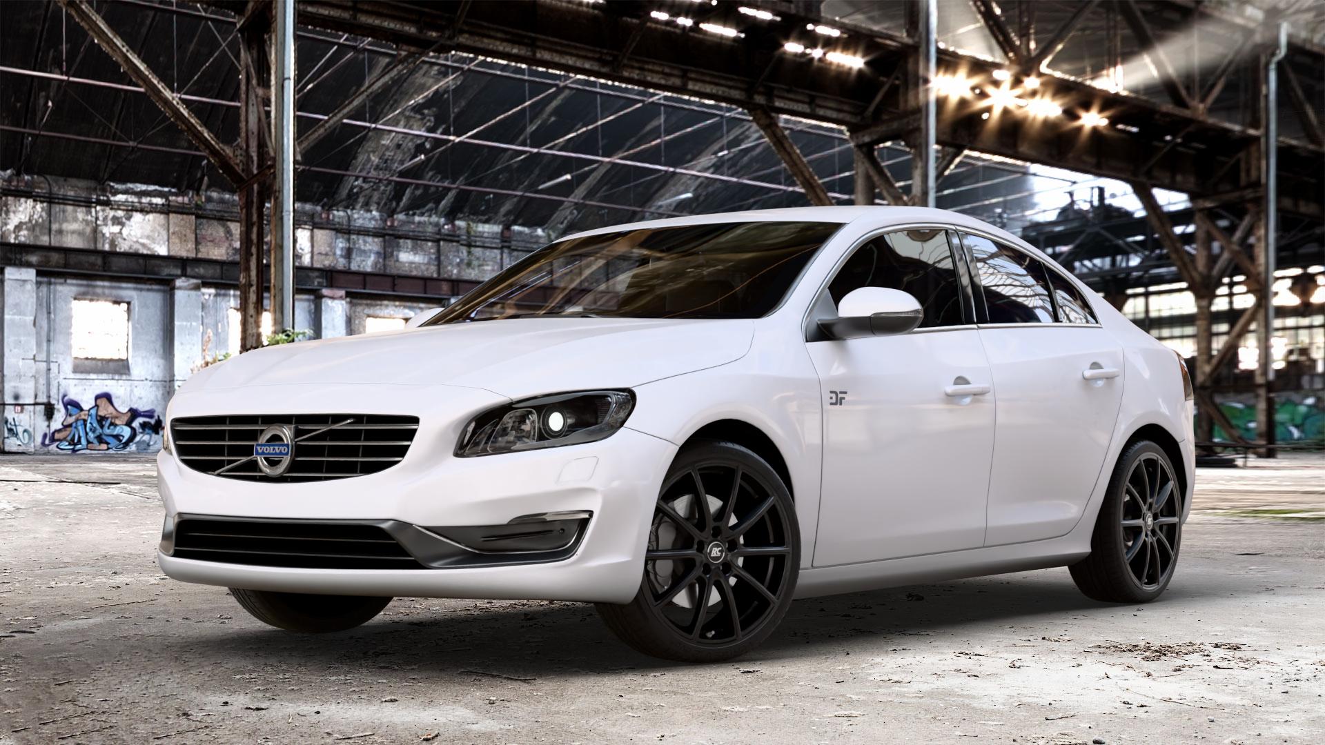 RC Design RC32 satin-black matt-lackiert Felge mit Reifen schwarz in 19Zoll Winterfelge Alufelge auf weissem Volvo S60 II Typ F ⬇️ mit 15mm Tieferlegung ⬇️ Old Industrial Hall_max_4400mm_2024 Frontansicht_1