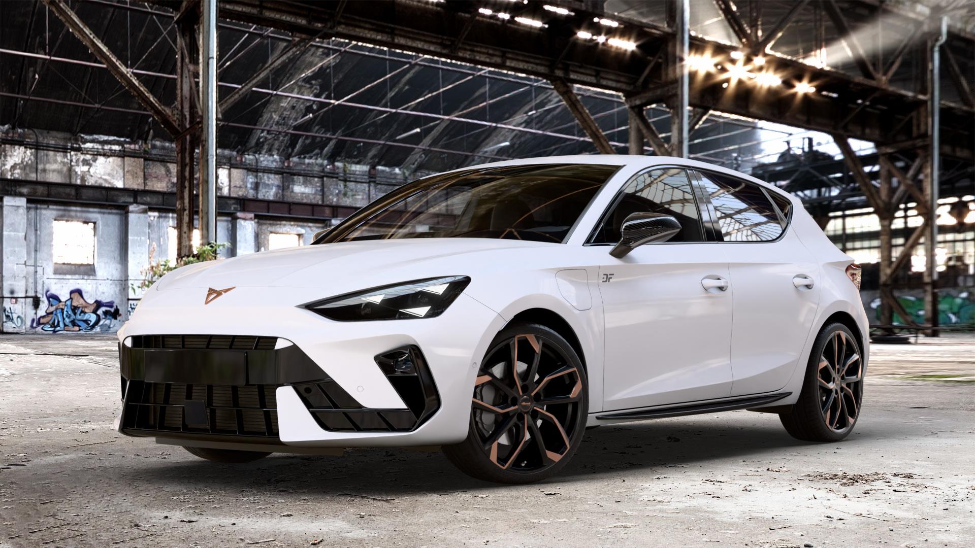 RC Design RC34 black-orange matt-lackiert Felge mit Reifen schwarz in 19Zoll Alufelge auf weissem Cupra Leon Typ KL Facelift ⬇️ mit 15mm Tieferlegung ⬇️ Old Industrial Hall_max_4400mm_2024 Frontansicht_1