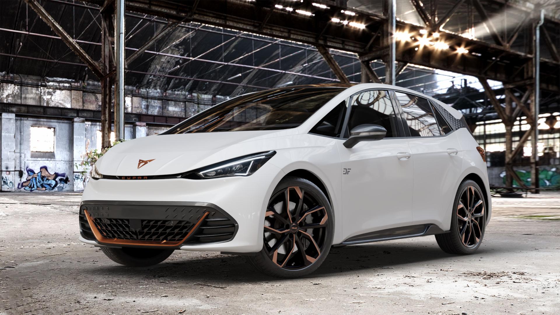 RC Design RC34 black-orange matt-lackiert Felge mit Reifen schwarz in 20Zoll Alufelge auf weissem Cupra Born Typ K1 ⬇️ mit 15mm Tieferlegung ⬇️ Old Industrial Hall_max_4400mm_2024 Frontansicht_1