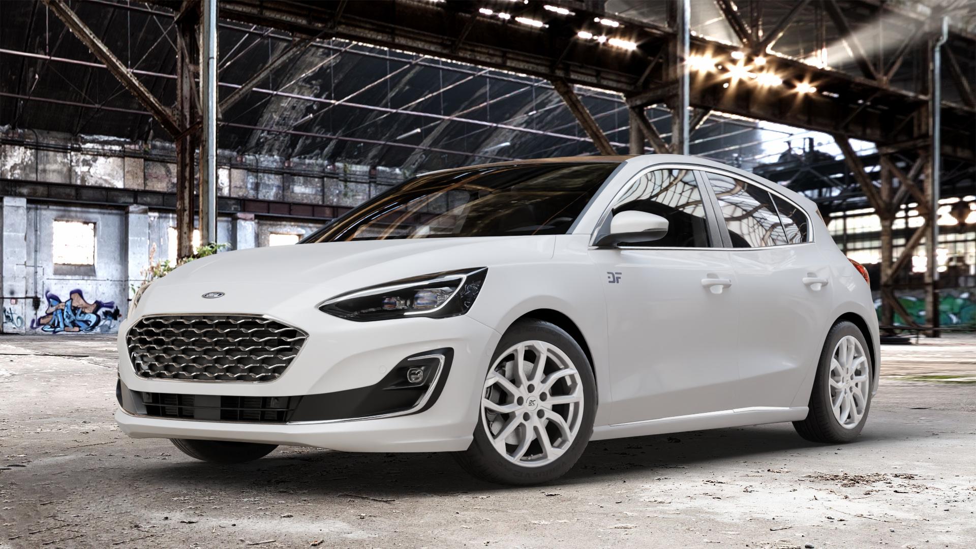 RC Design RC34 kristallsilber lackiert Felge mit Reifen in 17Zoll Winterfelge Alufelge auf weissem Ford Focus IV Typ DEH (Schrägheck) ⬇️ mit 15mm Tieferlegung ⬇️ Old Industrial Hall_max_4400mm_2024 Frontansicht_1