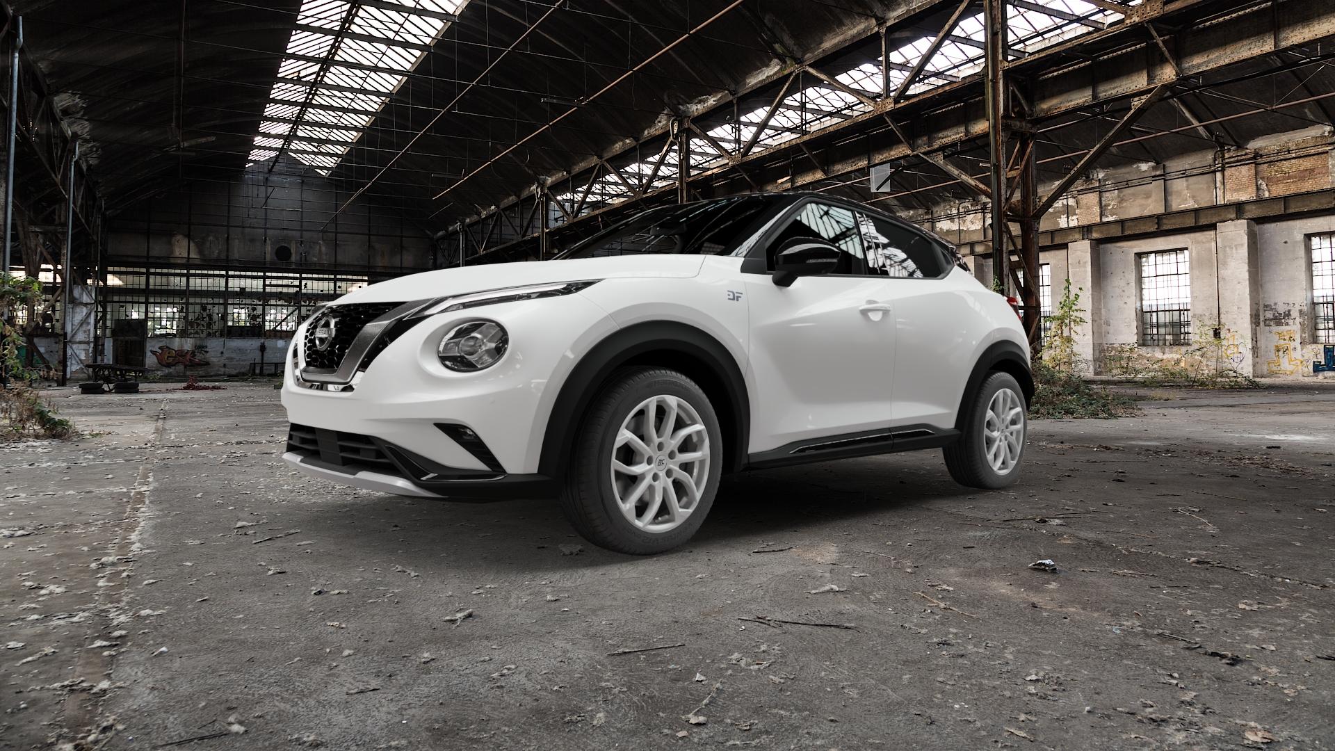 RC Design RC34 kristallsilber lackiert Felge mit Reifen in 17Zoll Winterfelge Alufelge auf weissem Nissan Juke Typ F16 1,0l DIG-T 117 86kW (117 PS) Facelift ⬇️ mit 15mm Tieferlegung ⬇️ Old Industrial Hall_max5000mm_2022 Frontansicht_1