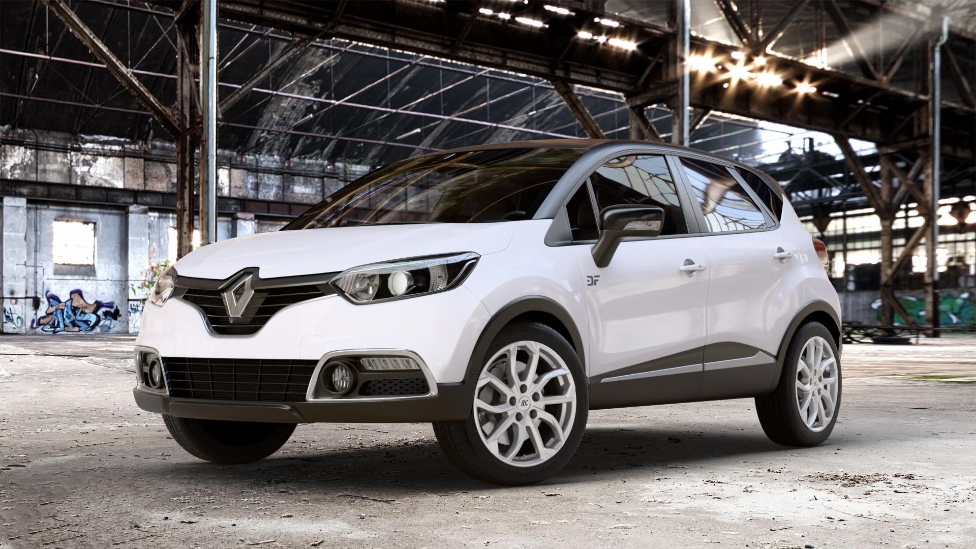 RC Design RC34 kristallsilber lackiert Felge mit Reifen in 17Zoll Winterfelge Alufelge auf weissem Renault Captur Typ R 0,9l TCe 90 66kW (90 PS) 1,2l 120 EDC 88kW (120 1,5l dCi 110 81kW (110 87kW (118 ⬇️ mit 15mm Tieferlegung ⬇️ Old Industrial Hall_max_4400mm_2024 Frontansicht_1