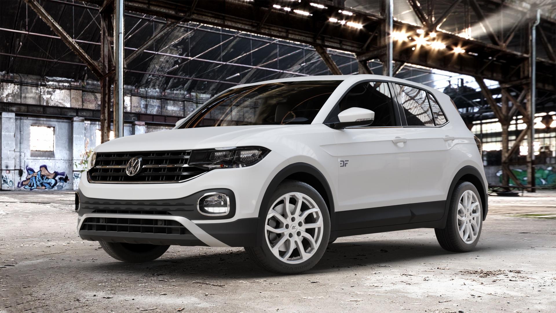 RC Design RC34 kristallsilber lackiert Felge mit Reifen in 17Zoll Winterfelge Alufelge auf weissem Volkswagen (VW) T-Cross ⬇️ mit 15mm Tieferlegung ⬇️ Old Industrial Hall_max_4400mm_2024 Frontansicht_1