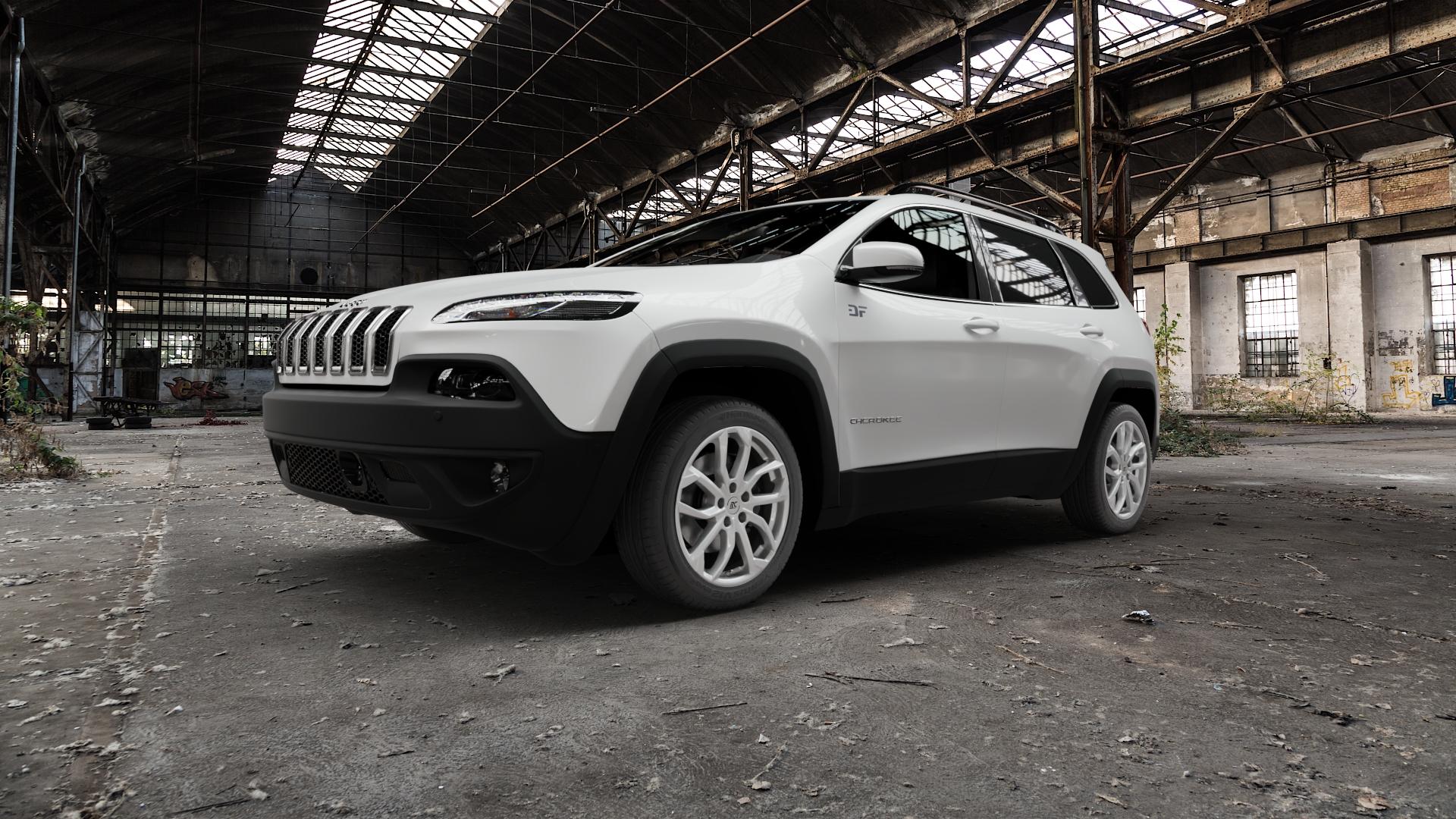 RC Design RC34 kristallsilber lackiert Felge mit Reifen in 18Zoll Winterfelge Alufelge auf weissem Jeep Cherokee Typ KL Trailhawk ⬇️ mit 15mm Tieferlegung ⬇️ Old Industrial Hall_max5000mm_2022 Frontansicht_1