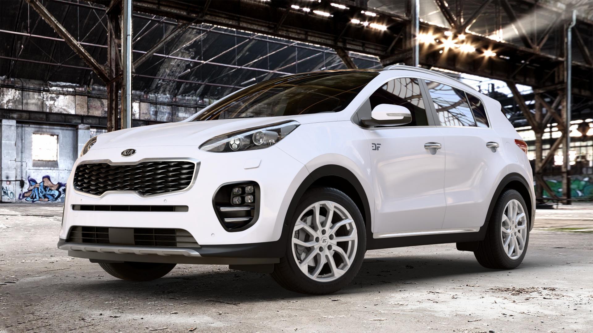 RC Design RC34 kristallsilber lackiert Felge mit Reifen in 18Zoll Winterfelge Alufelge auf weissem Kia Sportage IV Typ QL QLE ⬇️ mit 15mm Tieferlegung ⬇️ Old Industrial Hall_max_4400mm_2024 Frontansicht_1