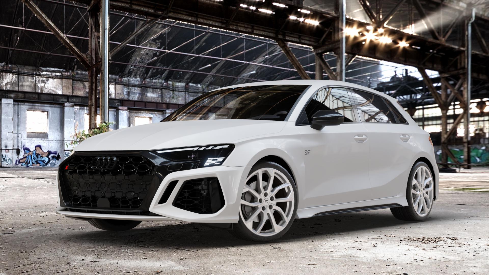 RC Design RC34 kristallsilber lackiert Felge mit Reifen in 19Zoll Winterfelge Alufelge auf weissem Audi A3 Typ GY (Sportback) 2,5l TFSI quattro 294kW RS3 (400 PS) 299kW (407 ⬇️ mit 15mm Tieferlegung ⬇️ Old Industrial Hall_max_4400mm_2024 Frontansicht_1