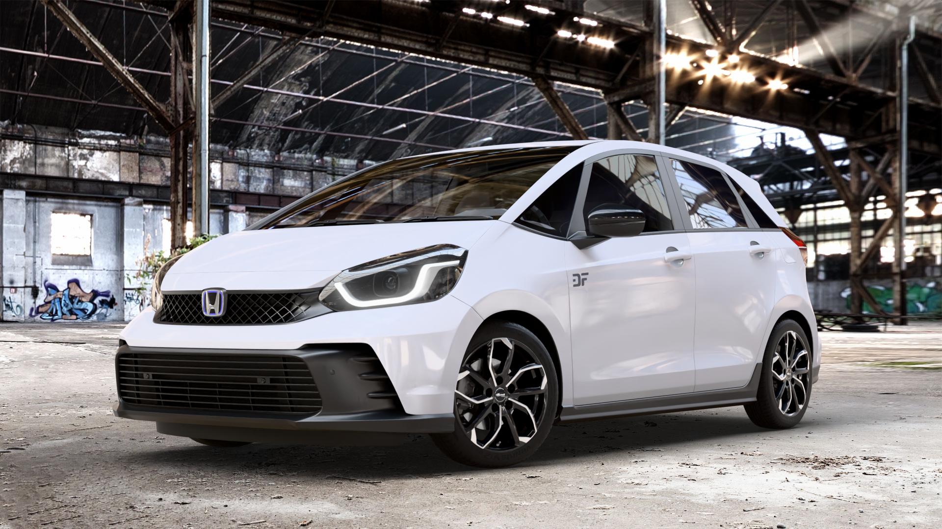 RC Design RC34 schwarz front-poliert Felge mit Reifen silber mehrfarbig in 16Zoll Alufelge auf weissem Honda Jazz V (GR) Facelift 1,5l e:HEV 79kW Mild-Hybrid (107 PS) ⬇️ mit 15mm Tieferlegung ⬇️ Old Industrial Hall_max_4400mm_2024 Frontansicht_1