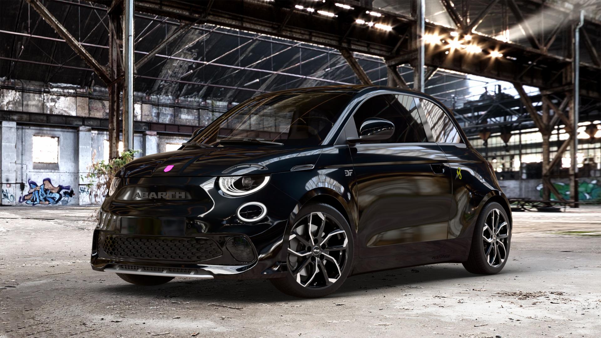 RC Design RC34 schwarz front-poliert Felge mit Reifen silber mehrfarbig in 17Zoll Alufelge auf schwarzem Fiat 500e Abarth Typ FA1 ⬇️ mit 15mm Tieferlegung ⬇️ Old Industrial Hall_max_4400mm_2024 Frontansicht_1