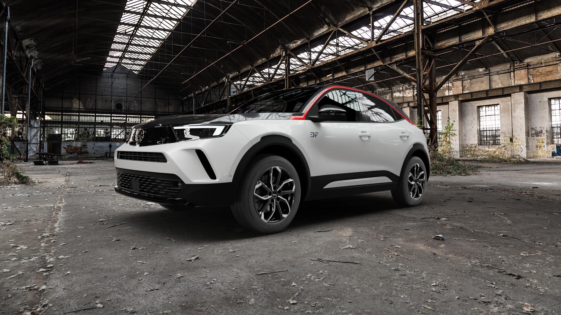 RC Design RC34 schwarz front-poliert Felge mit Reifen silber mehrfarbig in 17Zoll Alufelge auf weissem Opel Mokka-e Typ U 0,0l 57kW (77 PS) ⬇️ mit 15mm Tieferlegung ⬇️ Old Industrial Hall_max5000mm_2022 Frontansicht_1
