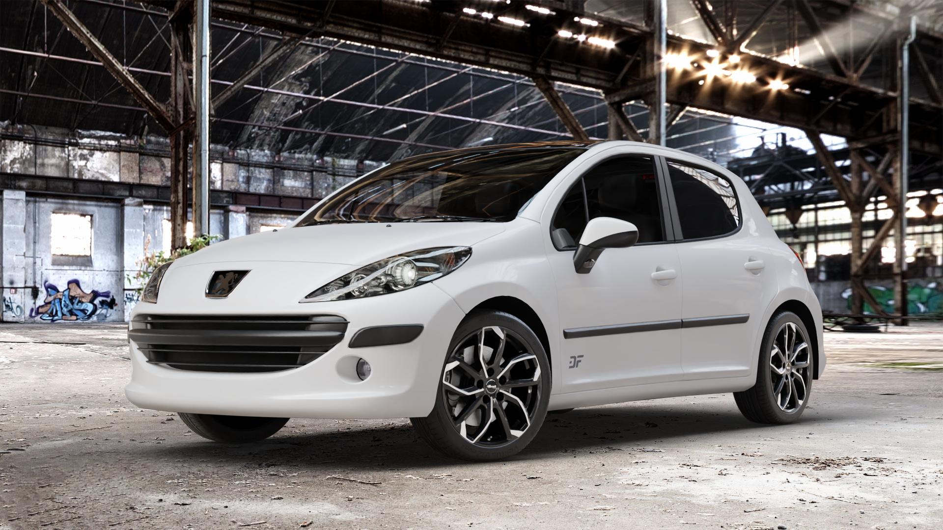 RC Design RC34 schwarz front-poliert Felge mit Reifen silber mehrfarbig in 17Zoll Alufelge auf weissem Peugeot 207 SW Facelift ⬇️ mit 15mm Tieferlegung ⬇️ Old Industrial Hall_max_4400mm_2024 Frontansicht_1
